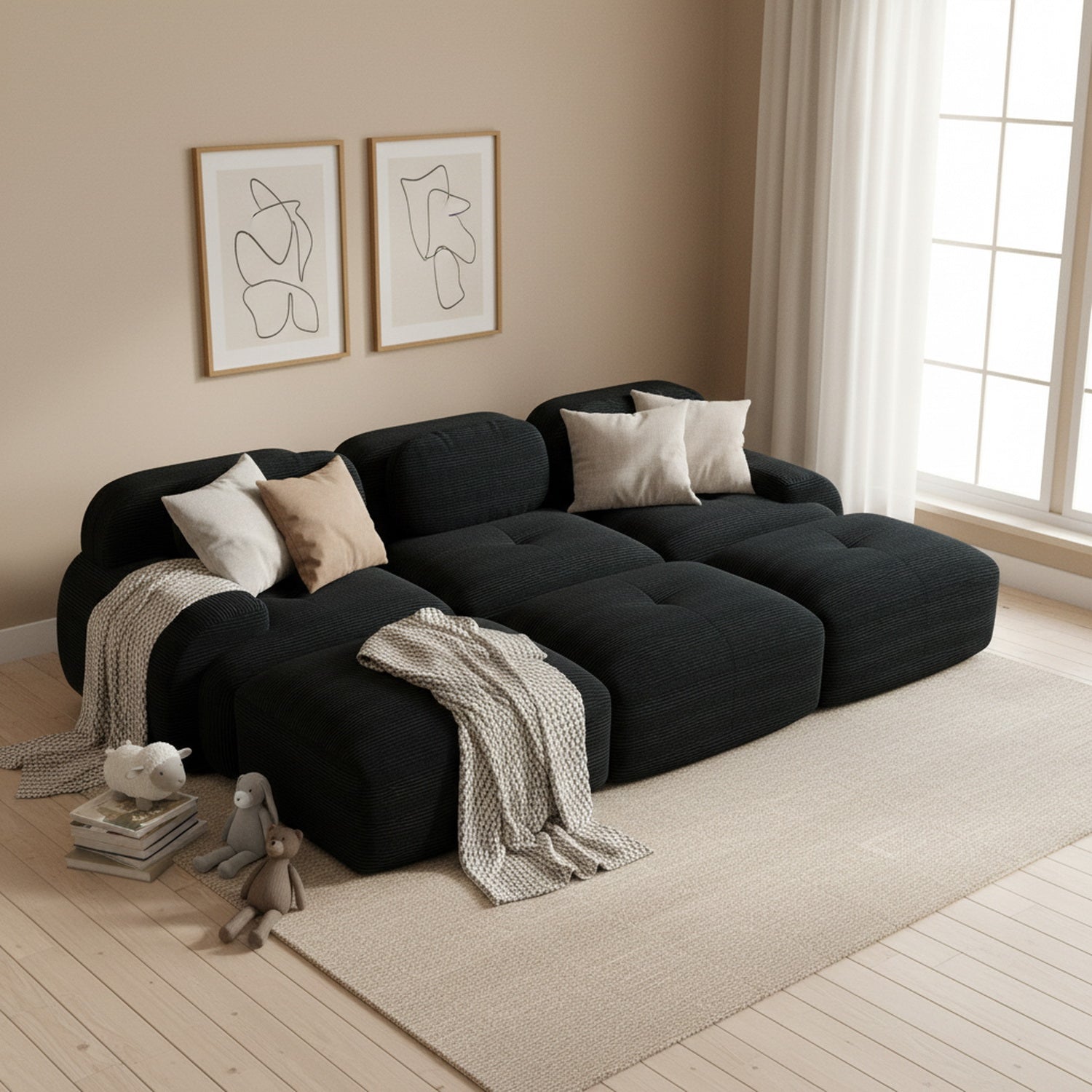 2-seater sofa bed in dark gray fabric with side pockets, modern convertible sofa