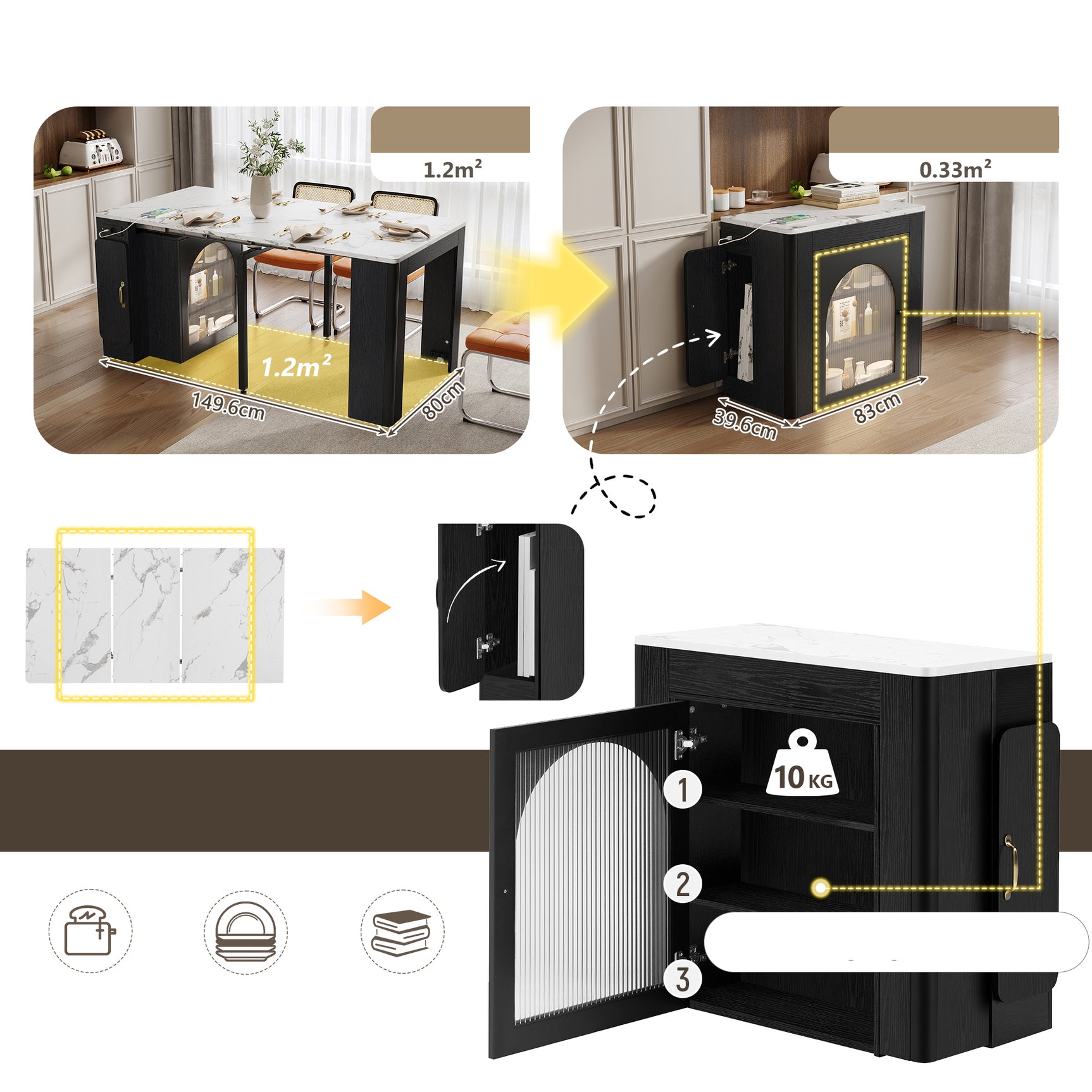 Îlot de cuisine mobile noir et blanc avec plateau extensible et prise électrique intégrée