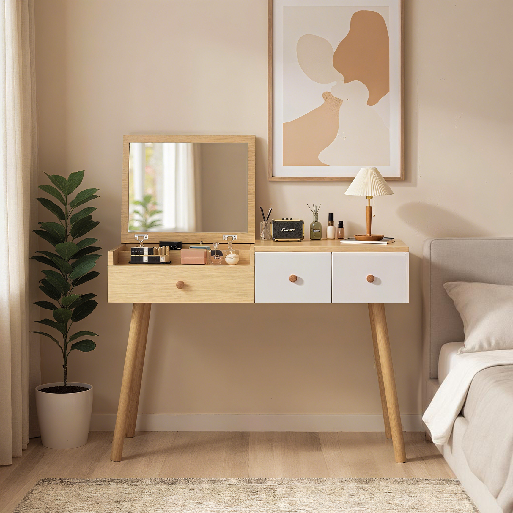 Coiffeuse en bois avec miroir rabattable, 3 tiroirs de rangement et design naturel blanc â€?100x40x78 cm
