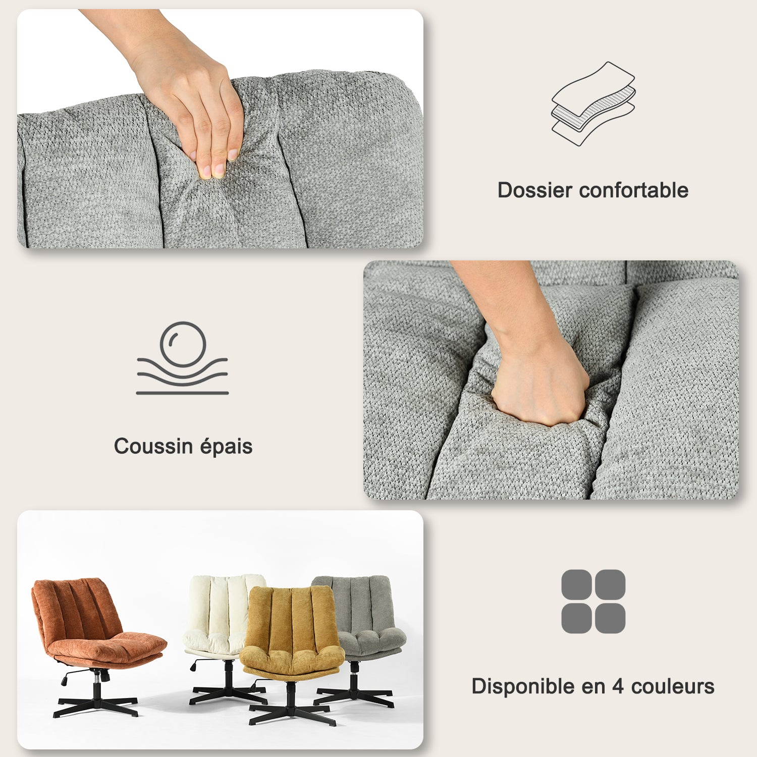 Fauteuil de relaxation réglable et pivotant avec accoudoirs et assise épaisse en chenille gris - CONFOD