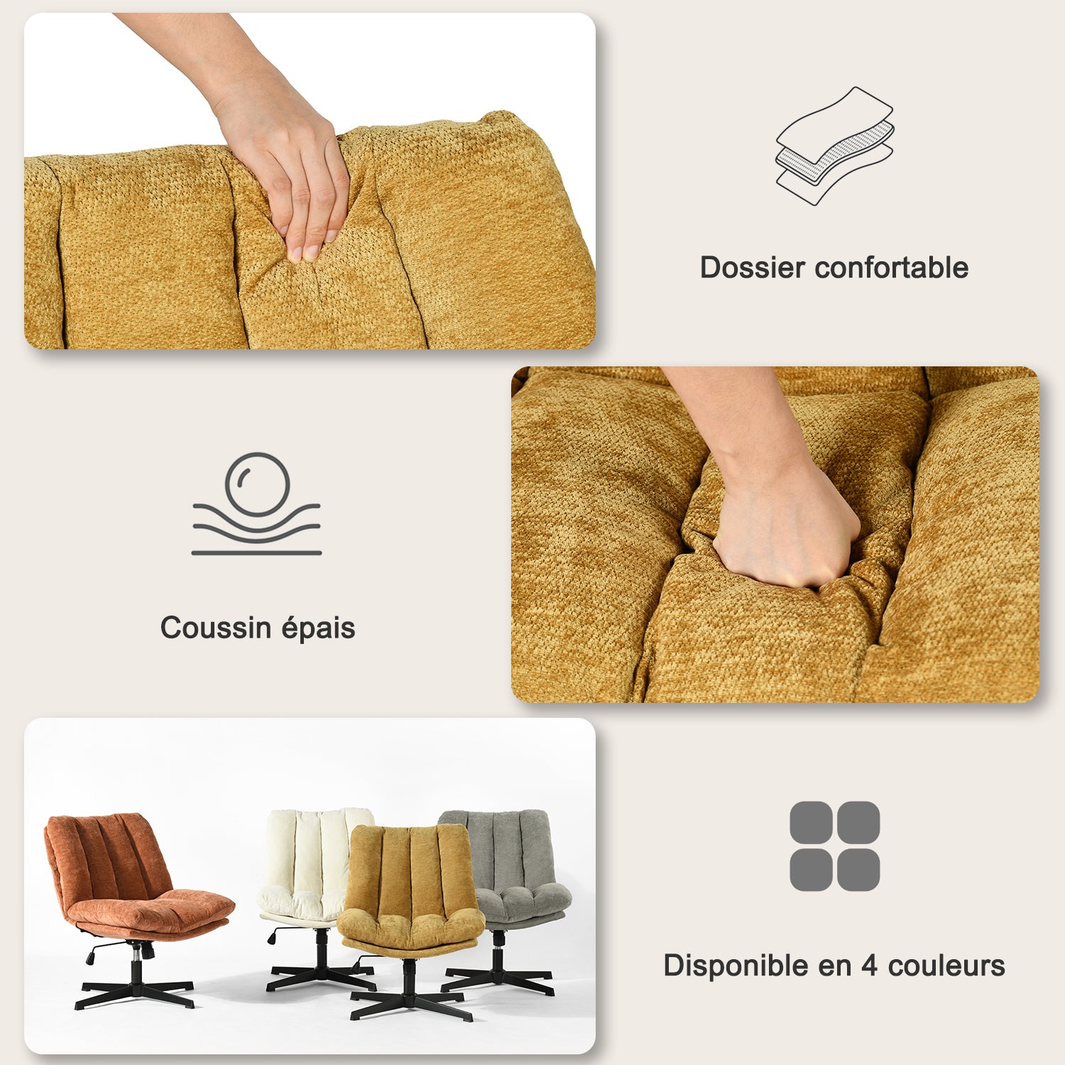 Fauteuil de relaxation réglable et pivotant avec accoudoirs et assise épaisse en chenille jaune - CONFOD