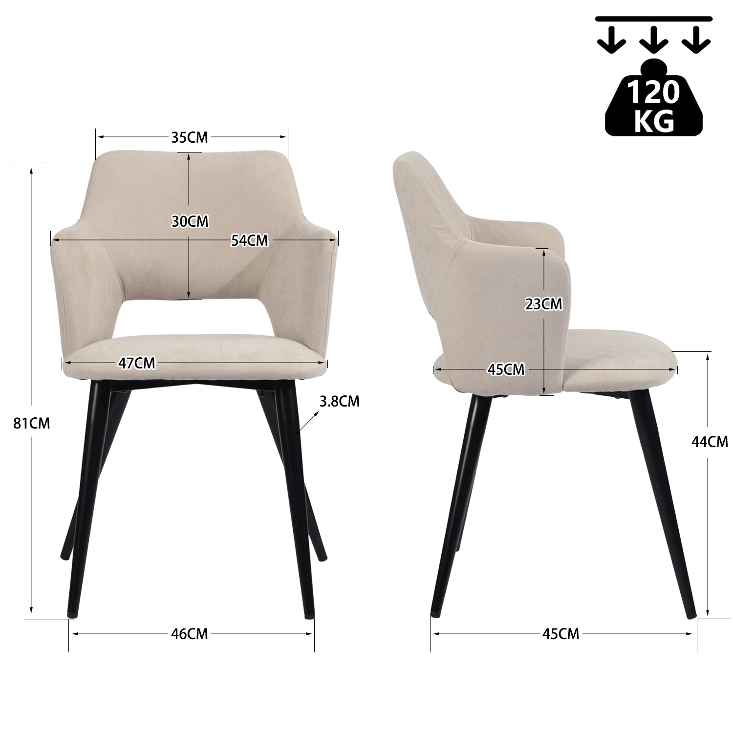 Ensemble table à manger ronde en chêne avec pieds en forme de X et 2 fauteuils en tissu beige de style scandinave pour salle à manger