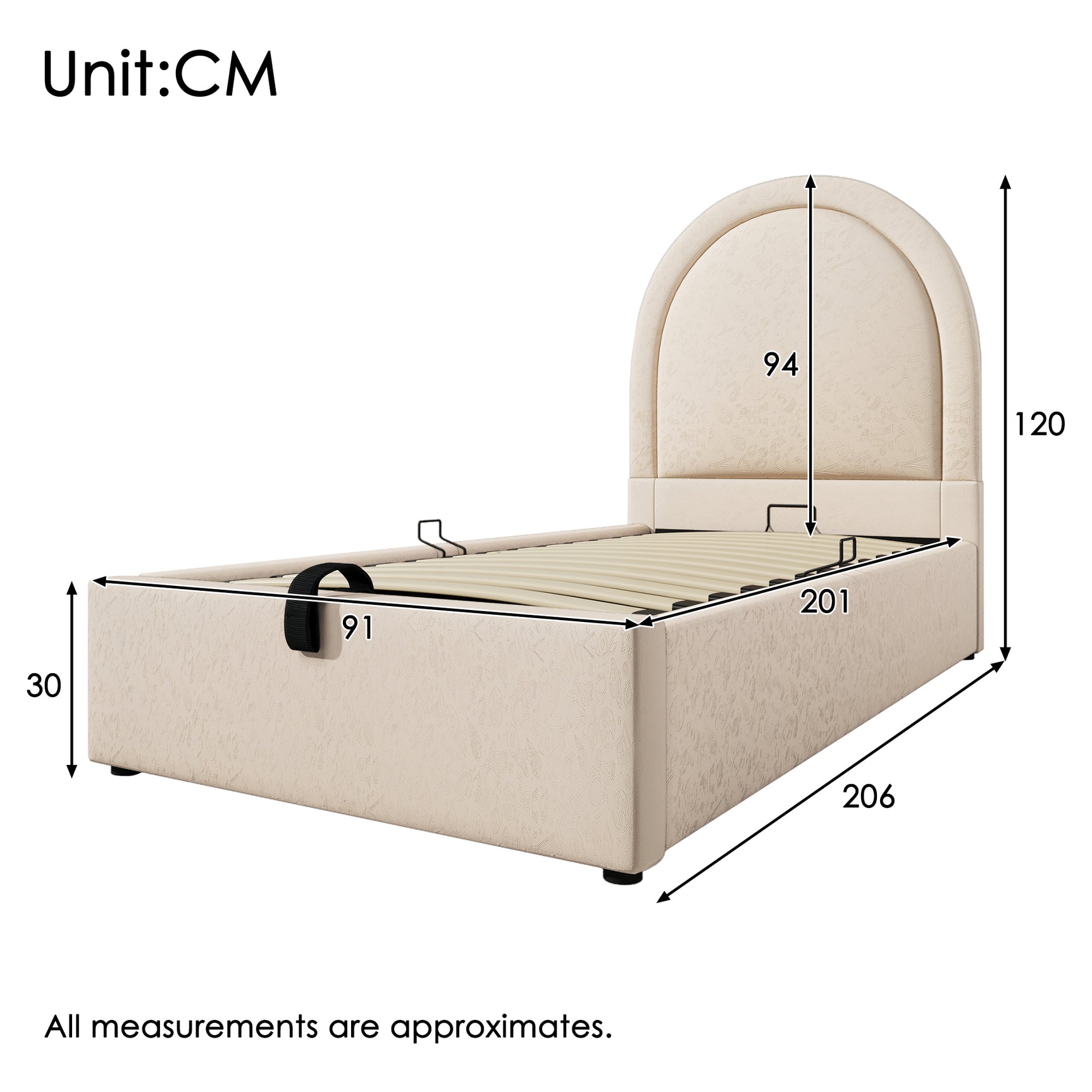 Children's bed 90 × 200 cm padded (without mattresses) in bed beige with arched headboard