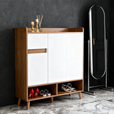 Commode / buffet / meuble à chaussures blanc et bois 90x35x99 cm avec étagères réglables et pieds en bois massif