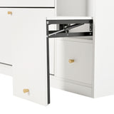 White shoe cabinet 119x24x122 cm with 3 tilting drawers, storage drawer, adjustable shelves and folding bench