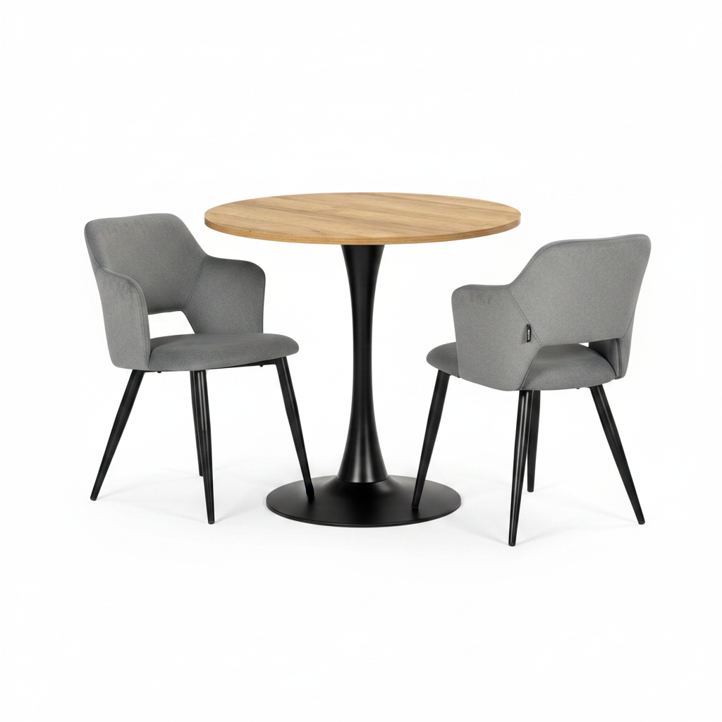 Runder Tisch in Walnussoptik Ø80 cm mit 4 schwarzen Samtstühlen, moderner und komfortabler Stil