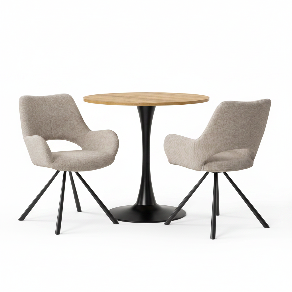 Ensemble de salle à manger de style scandinave comprenant une table ronde en chêne et 2 fauteuils beige