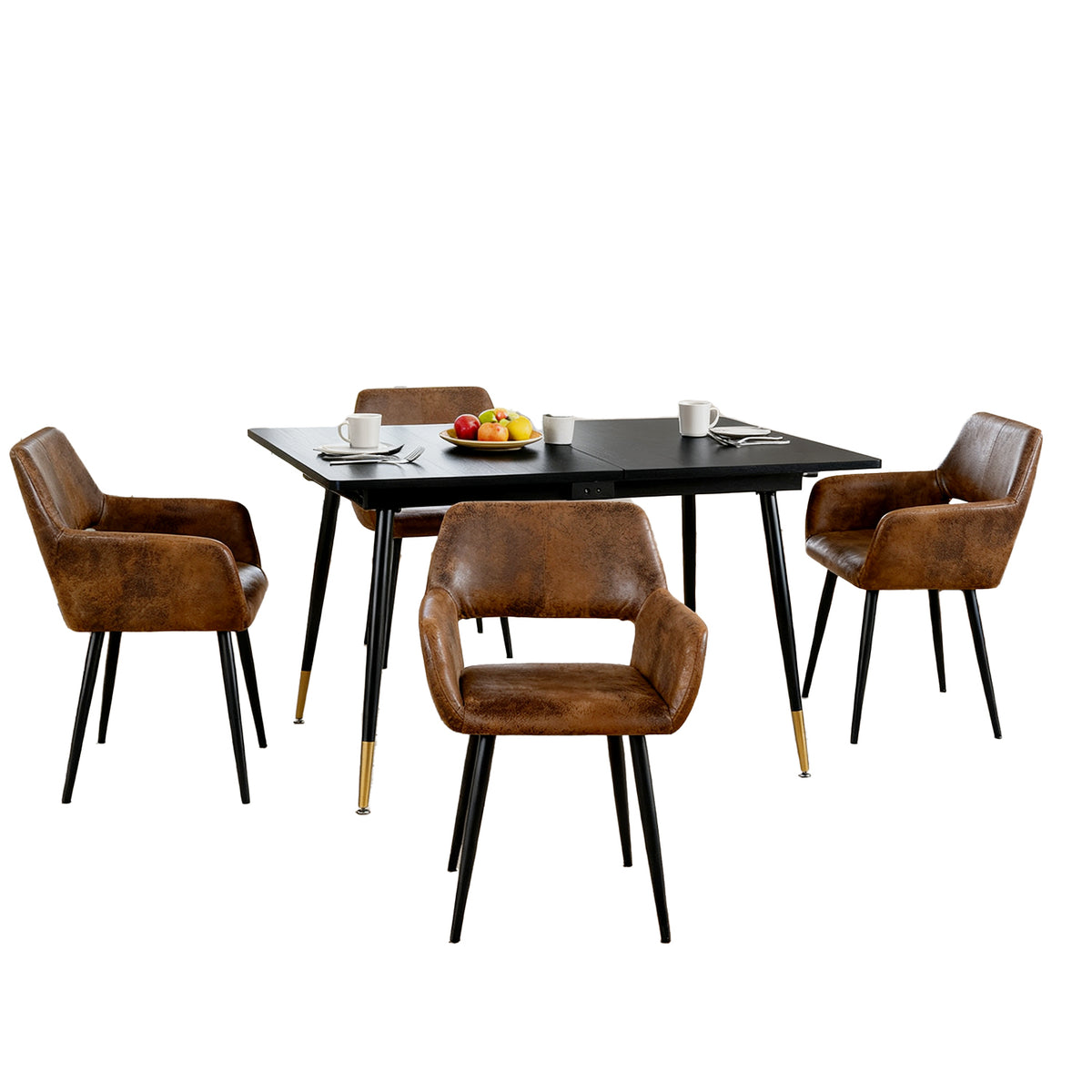 Round Table Table Table Table Timber Ø80 cm with 4 black velvet chairs, modern and comfortable style