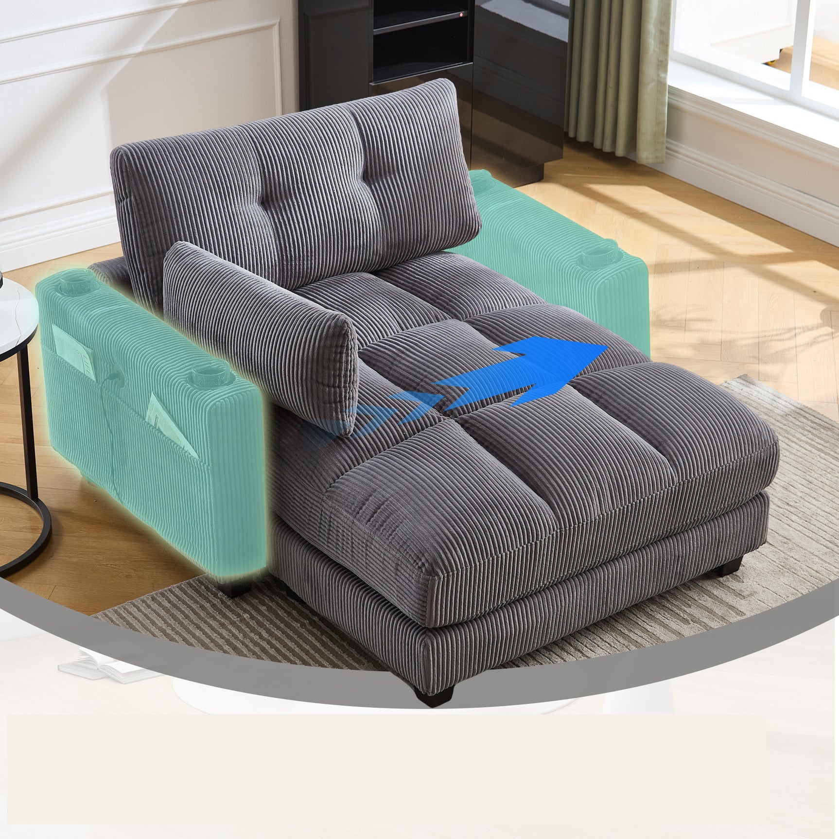 Canapé lounge moderne en velours côtelé avec porte-gobelets et poche latérale, gris