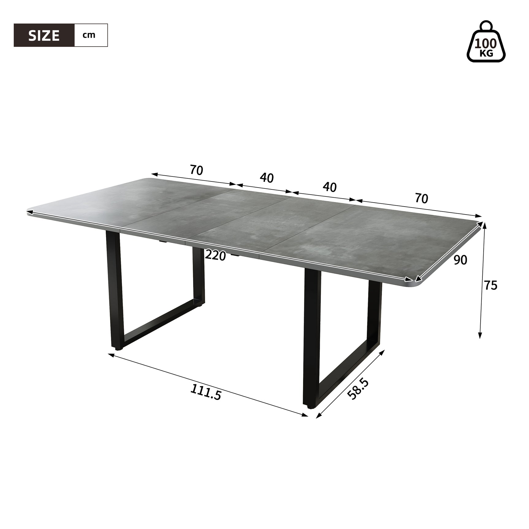 Table à manger gris extensible à trois rallonges avec pieds métalliques