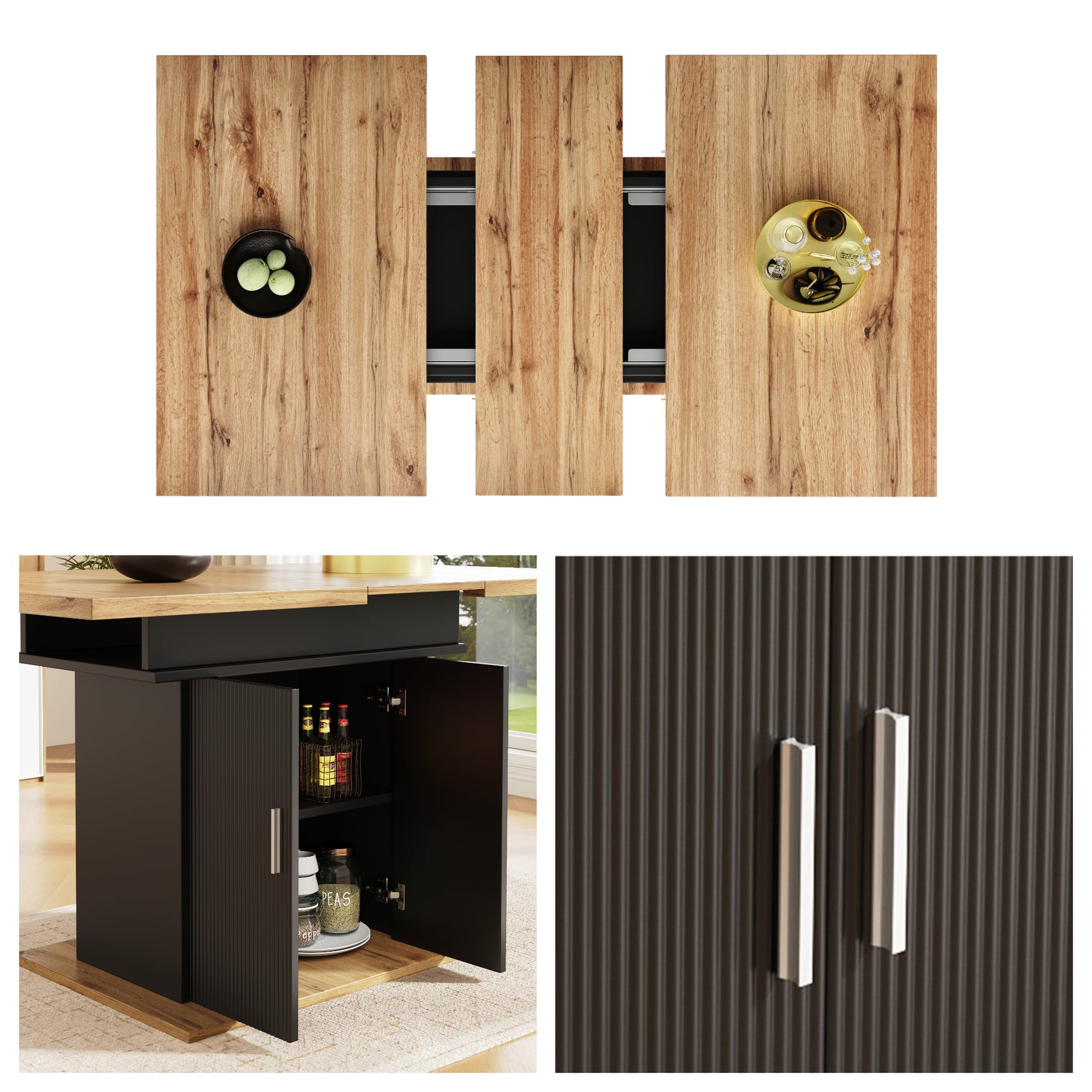 Table à manger télescopique extensible naturel-noir avec 3 niveaux de rangement