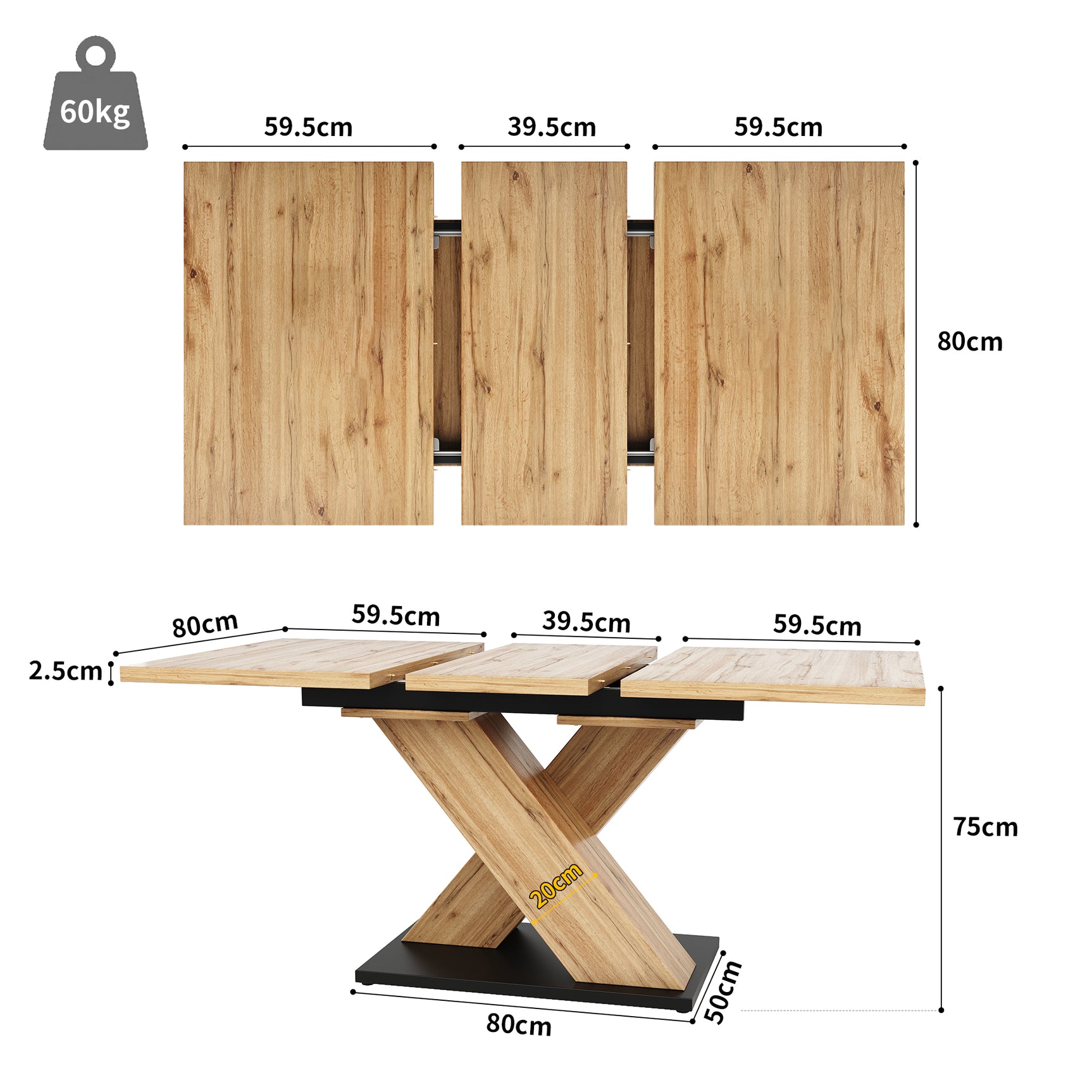 Table à manger télescopique extensible aspect bois avec pieds en croix
