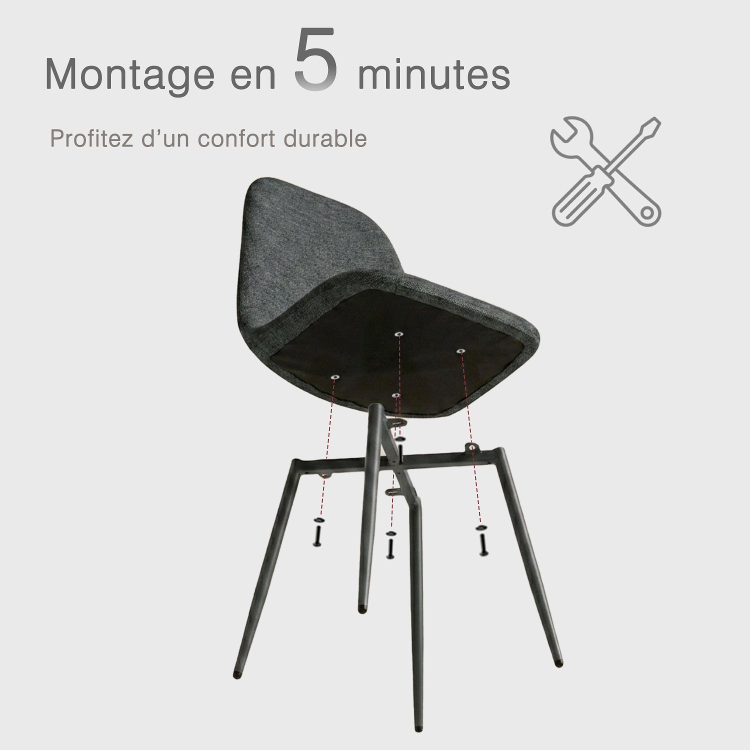 Lot de 4 chaises de salle à manger en tissu gris doux, chaises de détente avec dossier et pieds métalliques assortis scandinave - CHARLTON