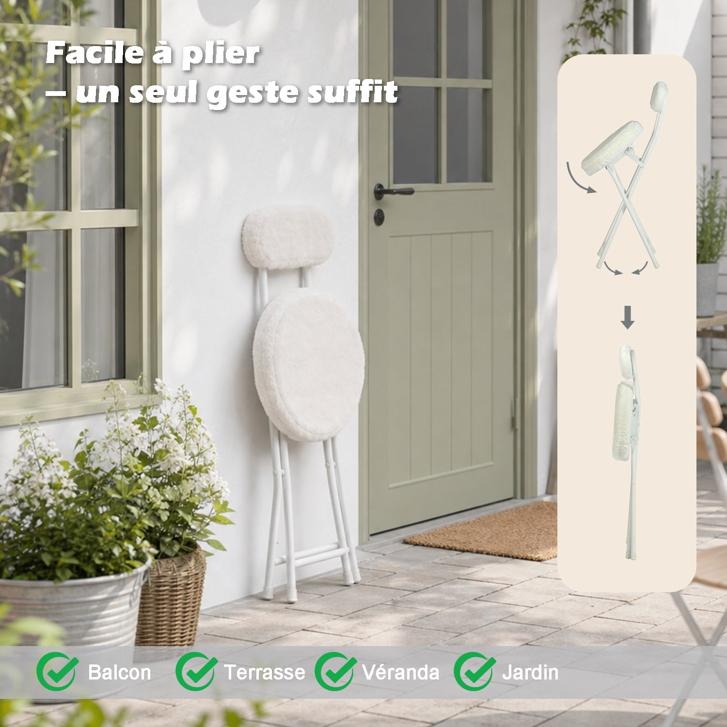 Ensemble de salle à manger de style scandinave comprenant une table ronde blanche et quatre chaises pliantes blanches