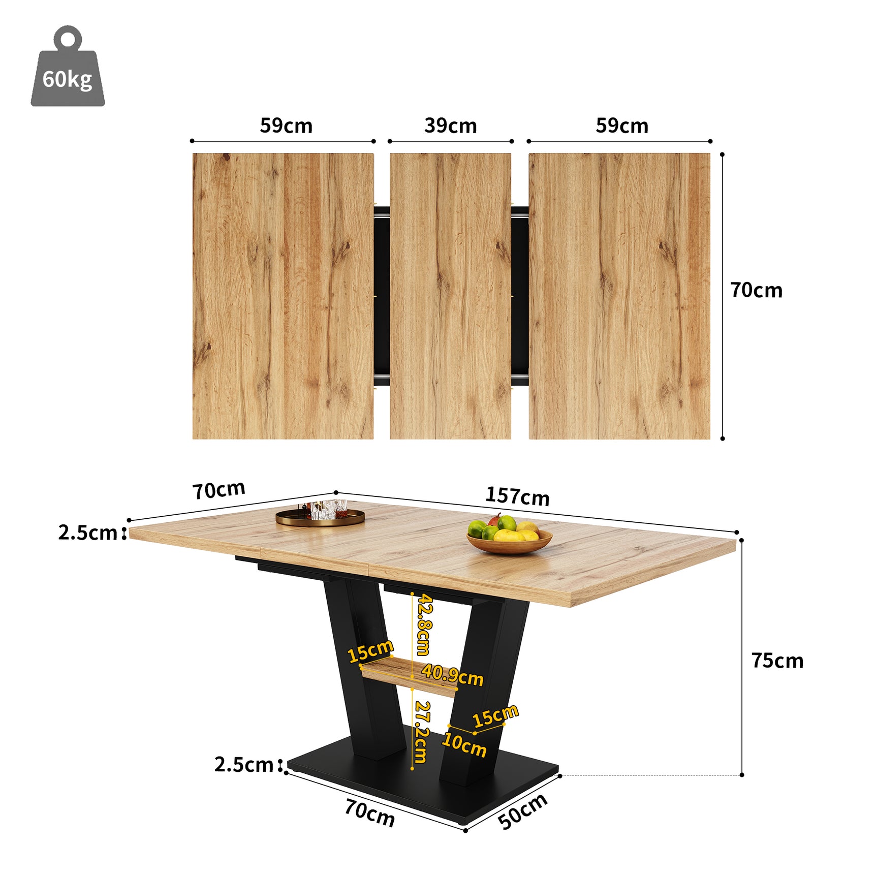 Table à manger télescopique extensible aspect bois avec pieds en croix