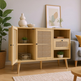 Holzbuffet Eiche Finish mit 1 Schublade und 2 Rattan -Magnettüren, verstellbaren Regalen und festen Holzfüßen für elegante und praktische Lagerung. - 120x40x80 cm