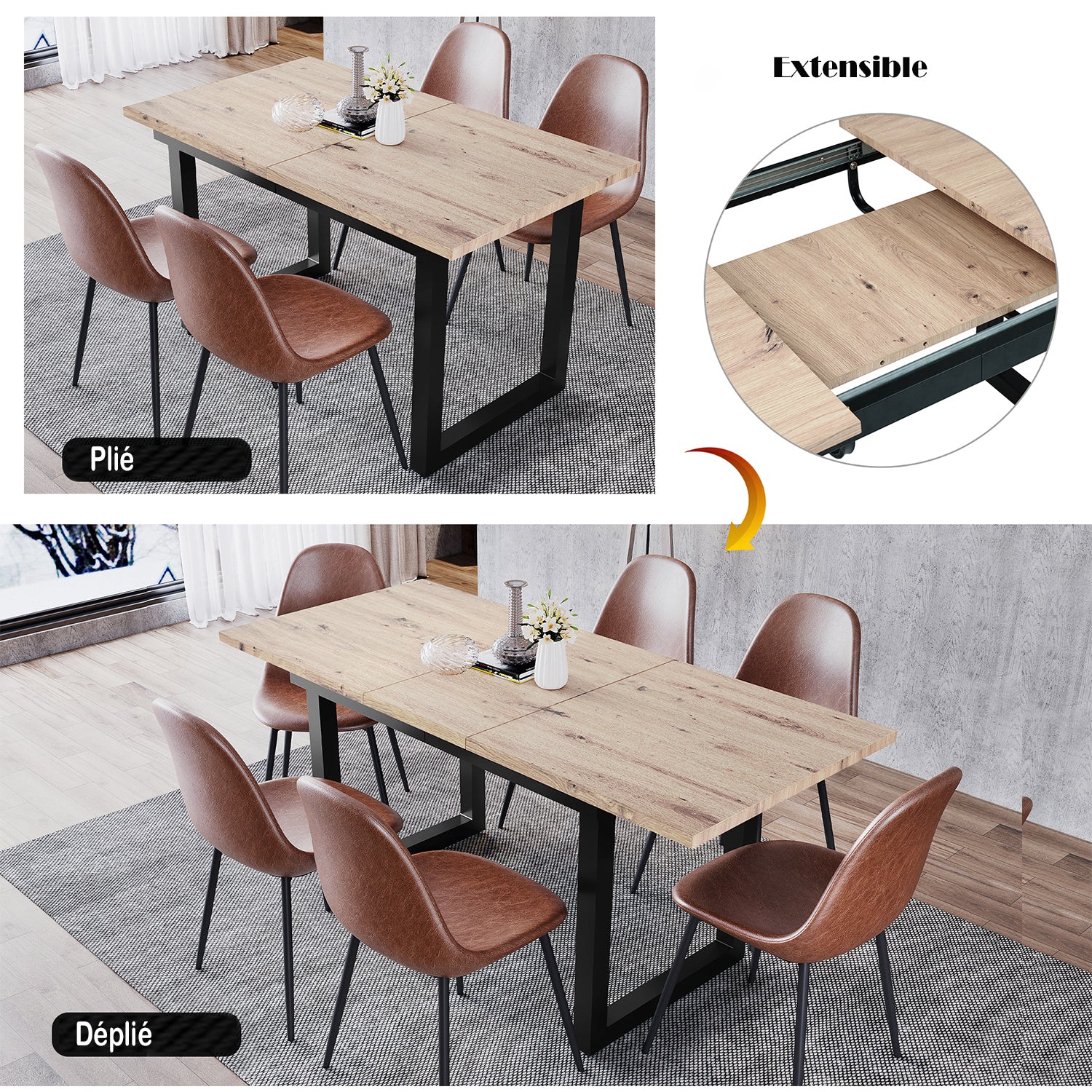 Table de salle à manger extensible rétro en bois avec structure en métal noir, style industriel