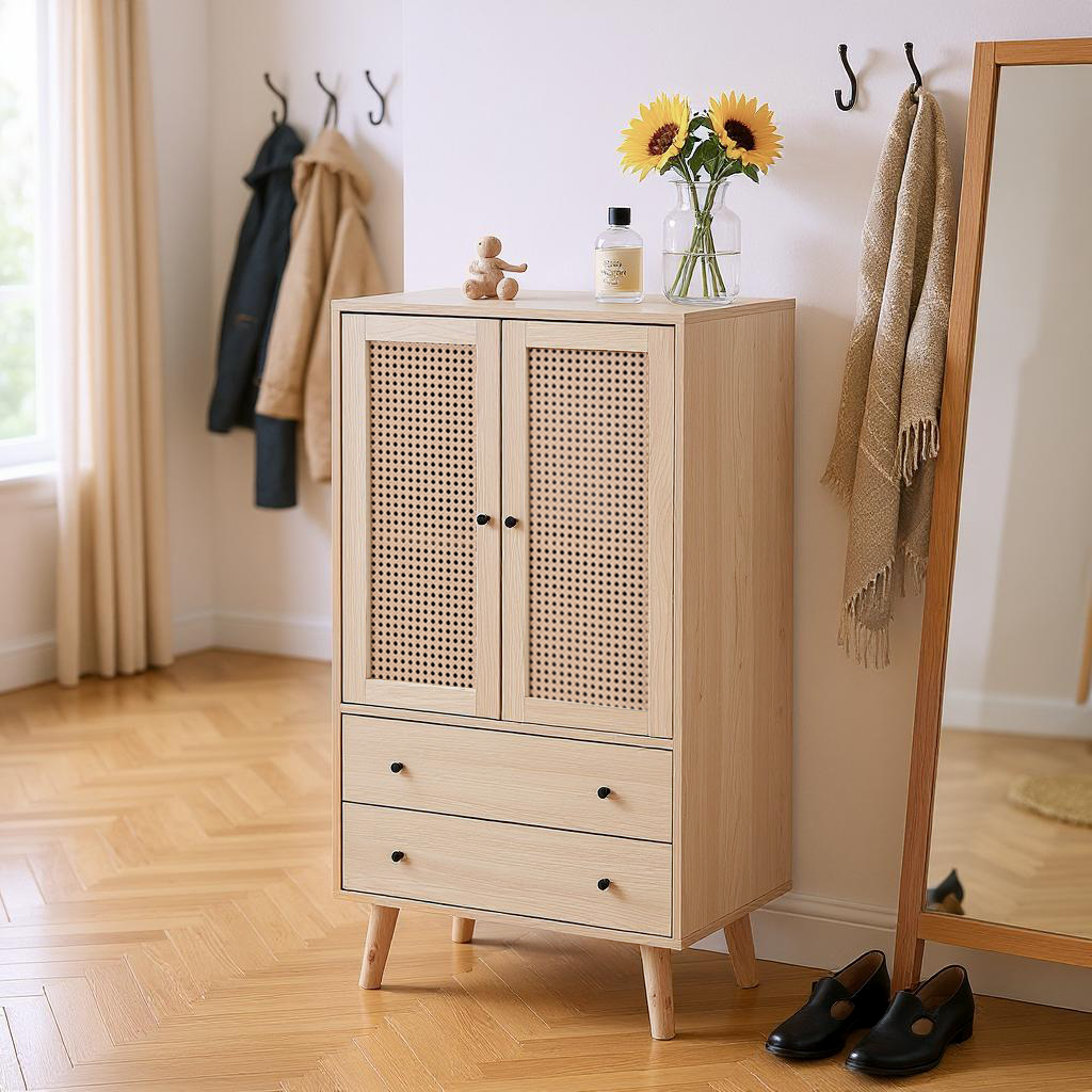 Wooden top buffet modern style with rattan doors and drawers - 60 x 40 x 120 cm