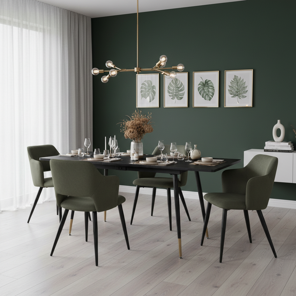 Ensemble de salle à manger comprenant une table extensible et 4 fauteuils avec accoudoirs en tissu vert