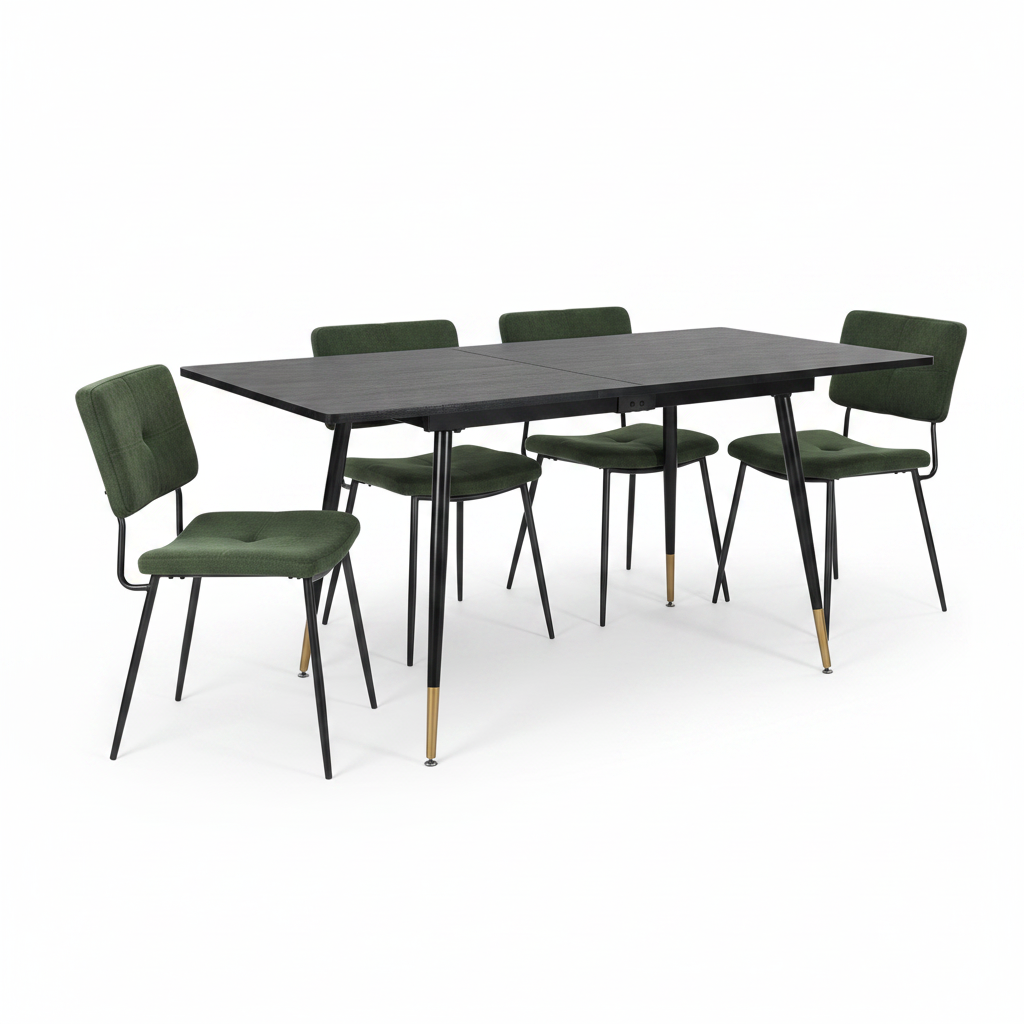 Ensemble de salle à manger comprenant une table extensible et 4 chaises de salle à manger industrielles en tissu vert