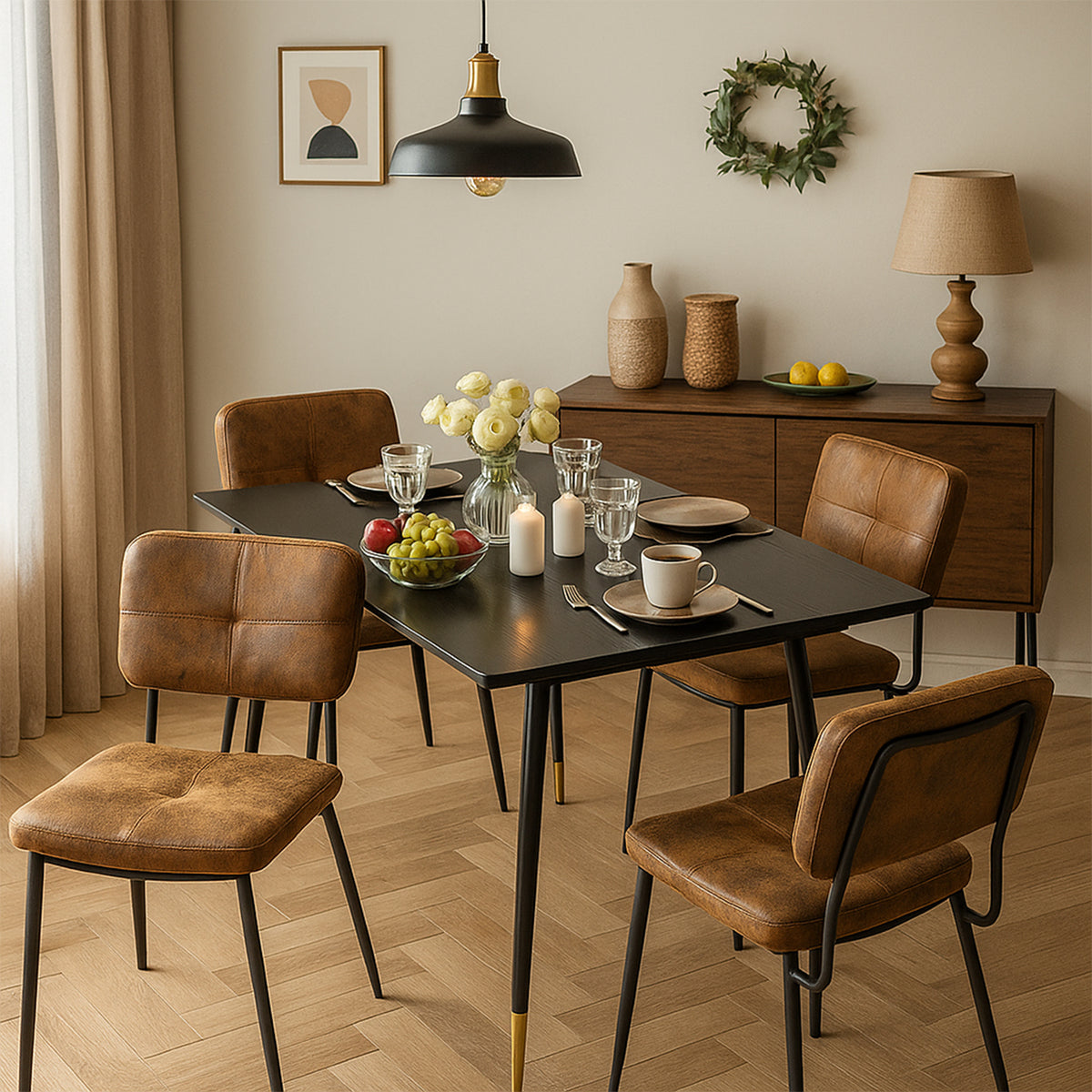 Round Table Table Table Table Timber Ø80 cm with 4 black velvet chairs, modern and comfortable style