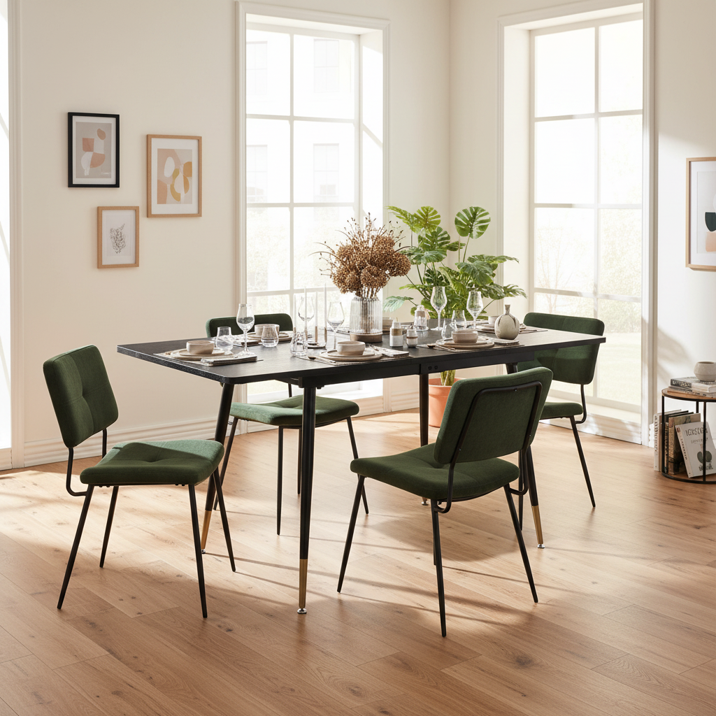 Ensemble de salle à manger comprenant une table extensible et 4 chaises de salle à manger industrielles en tissu vert