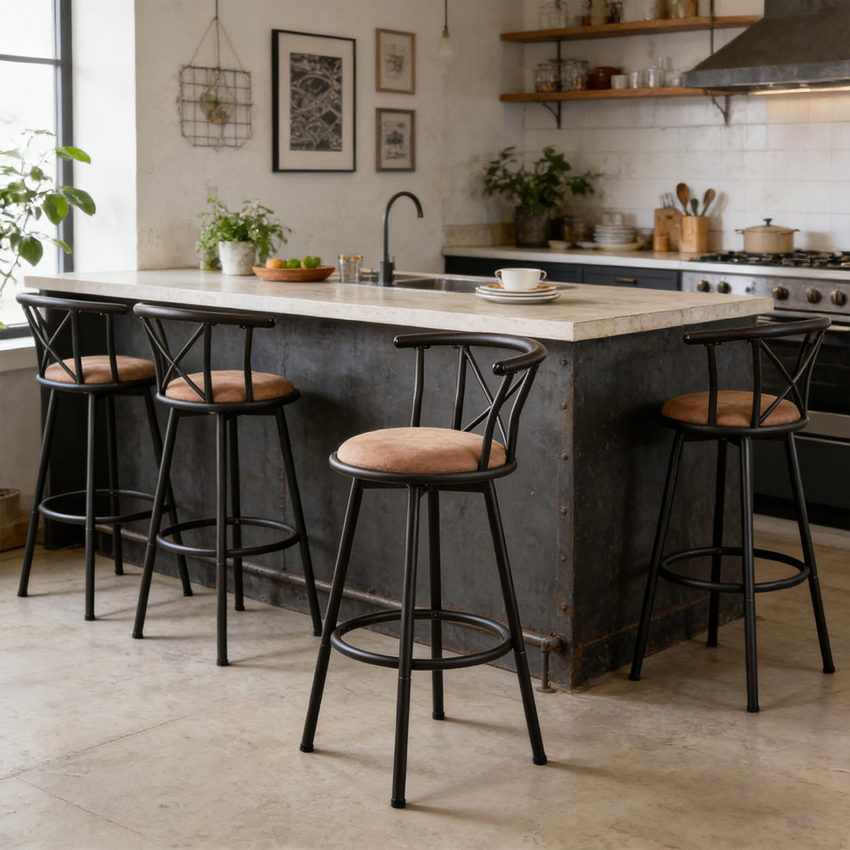 Set of 4 pivoting industrial bar stools with brown fabric file - Hailey 29