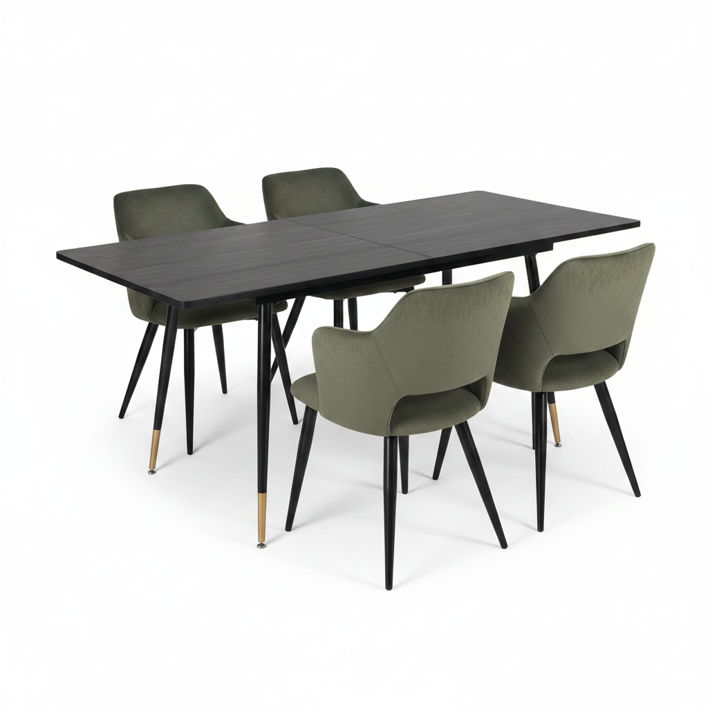 Ensemble de salle à manger comprenant une table extensible et 4 fauteuils avec accoudoirs en tissu vert