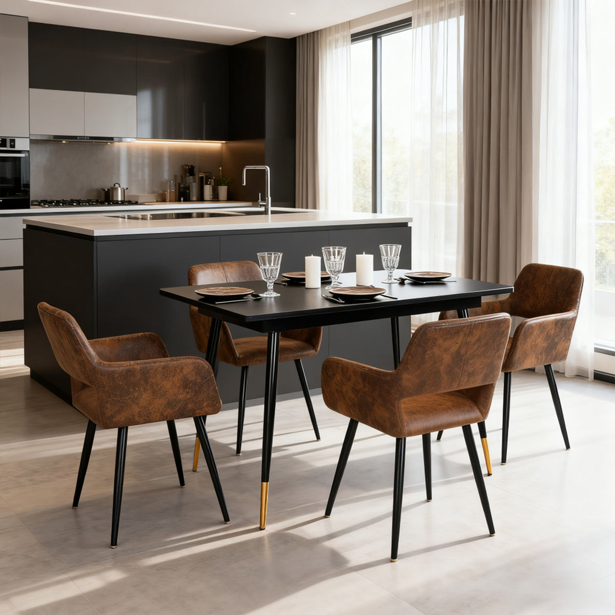 Round Table Table Table Table Timber Ø80 cm with 4 black velvet chairs, modern and comfortable style