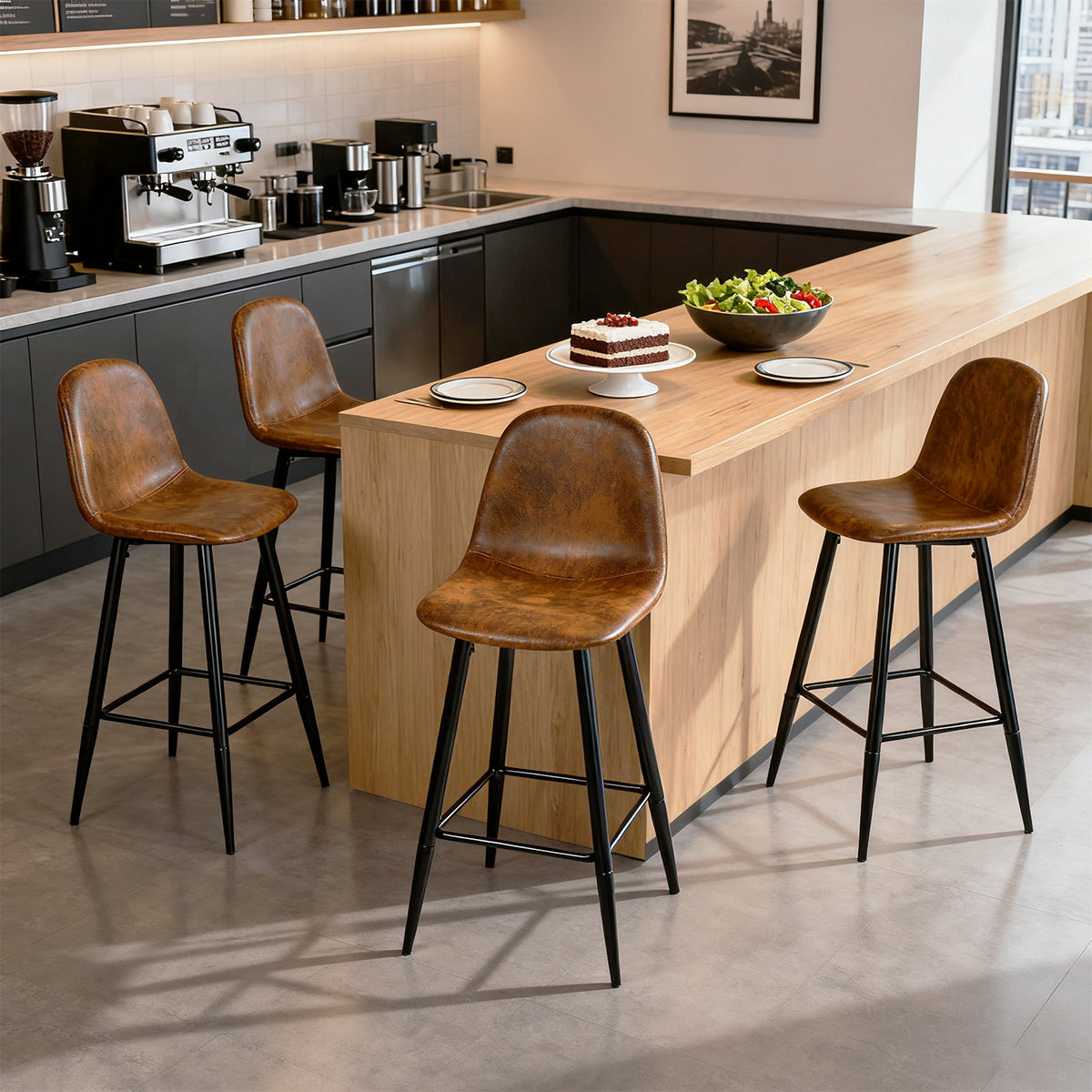 Set of 4 industrial bar stools with suede back - CHARLTON BAR