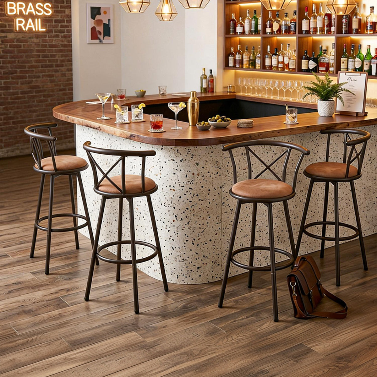 Set of 6 swivel industrial bar stools with brown fabric backrest - Hailey 29