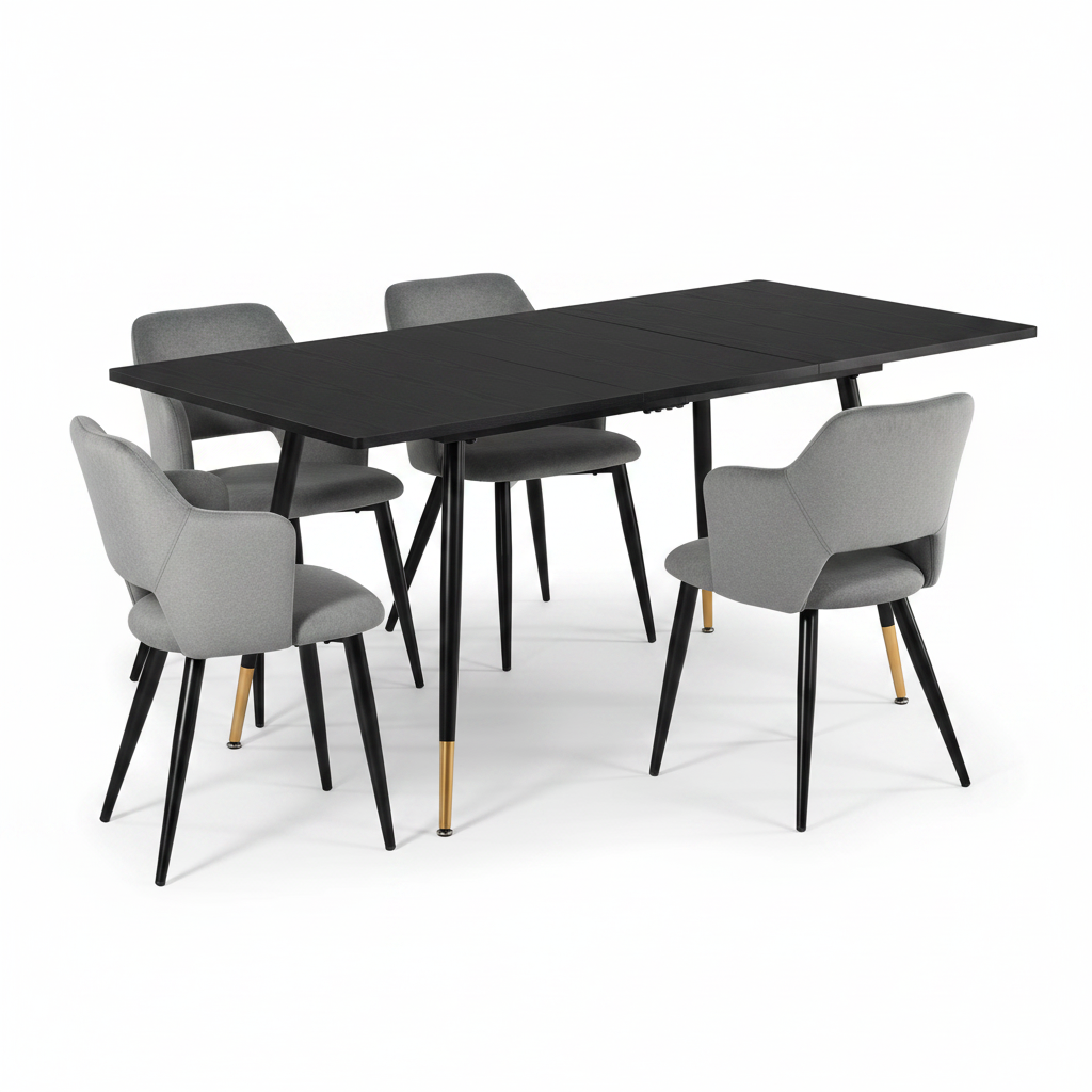 Ensemble de salle à manger comprenant une table extensible et 4 fauteuils avec accoudoirs en tissu gris