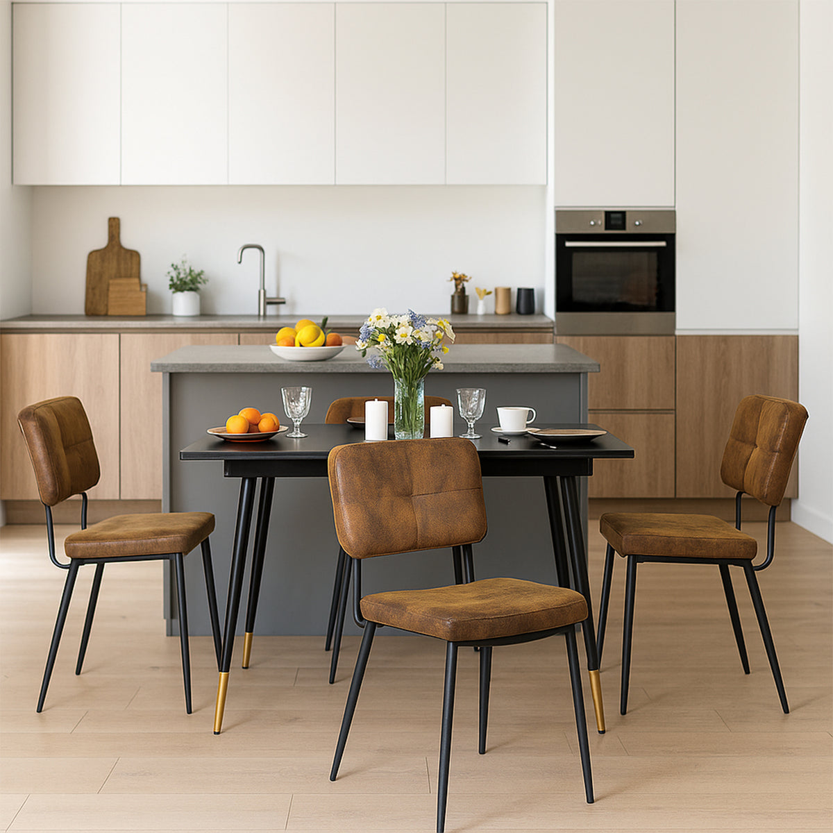 Round Table Table Table Table Timber Ø80 cm with 4 black velvet chairs, modern and comfortable style