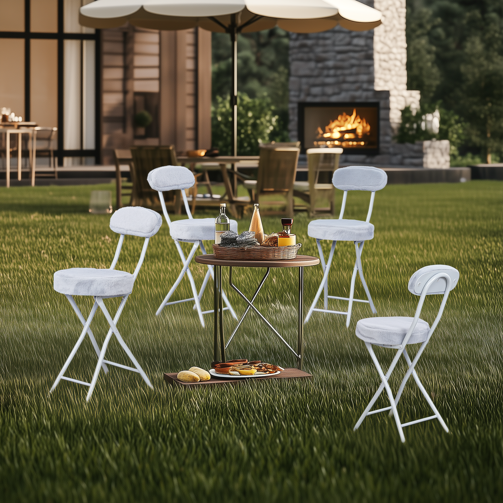 Set of 4 folding chairs/stools, round seat in fabric faux fur gray - Ernst