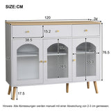 Buffet blanc et bois naturel avec 3 tiroirs et 3 portes cintrées en verre trempé, grand espace de rangement élégant