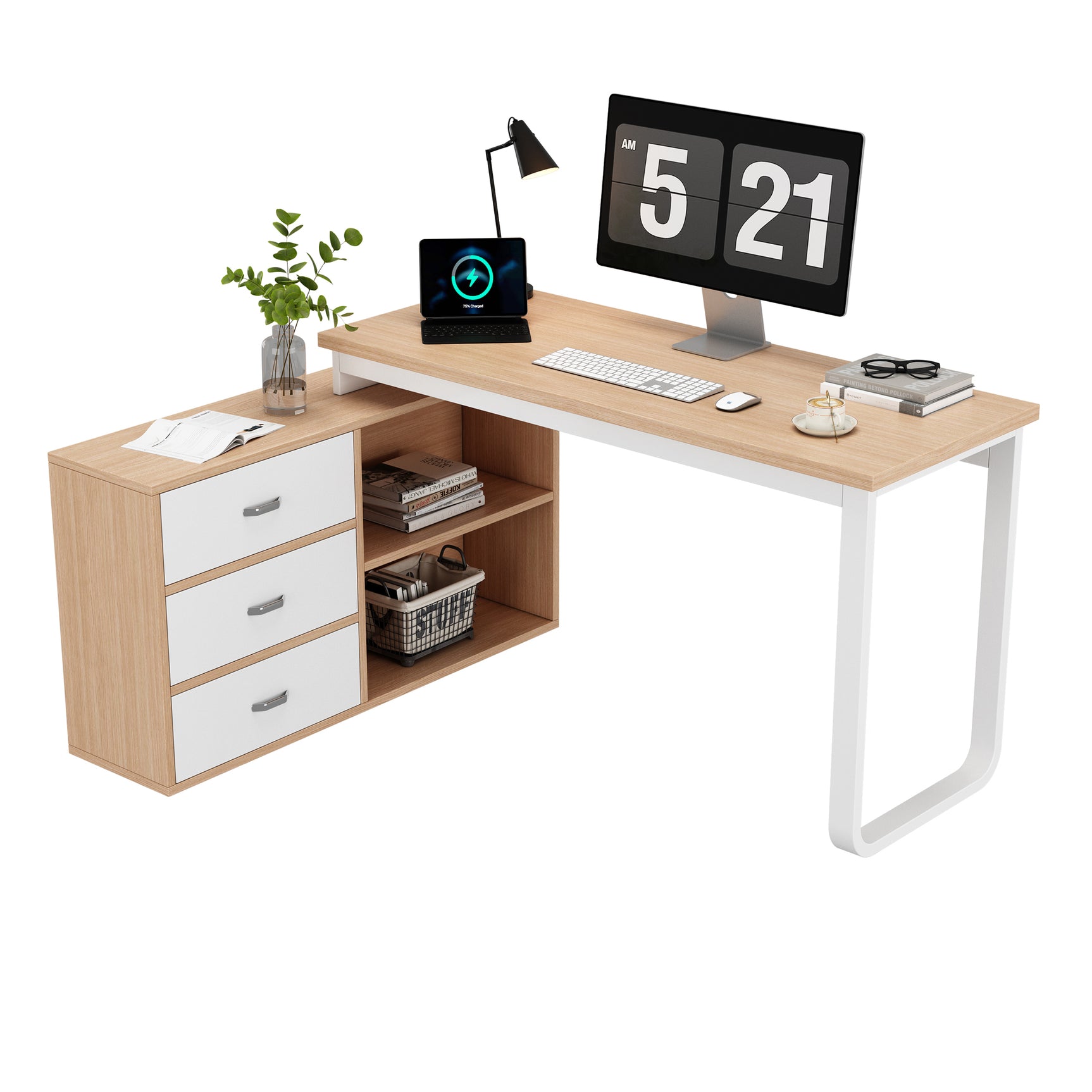 Bureau simple en bois naturel avec 3 tiroirs et 2 niches ouvertes â€?147×100×75,3 cm