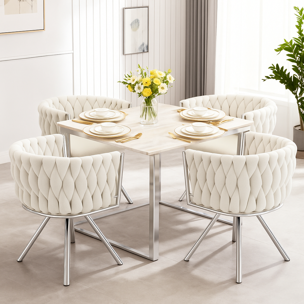 Lot de 4 chaises de salle à manger en velours Chaises pivotantes 360° luxueuses beige+argent avec pieds en métal pour salon et chambre à coucher