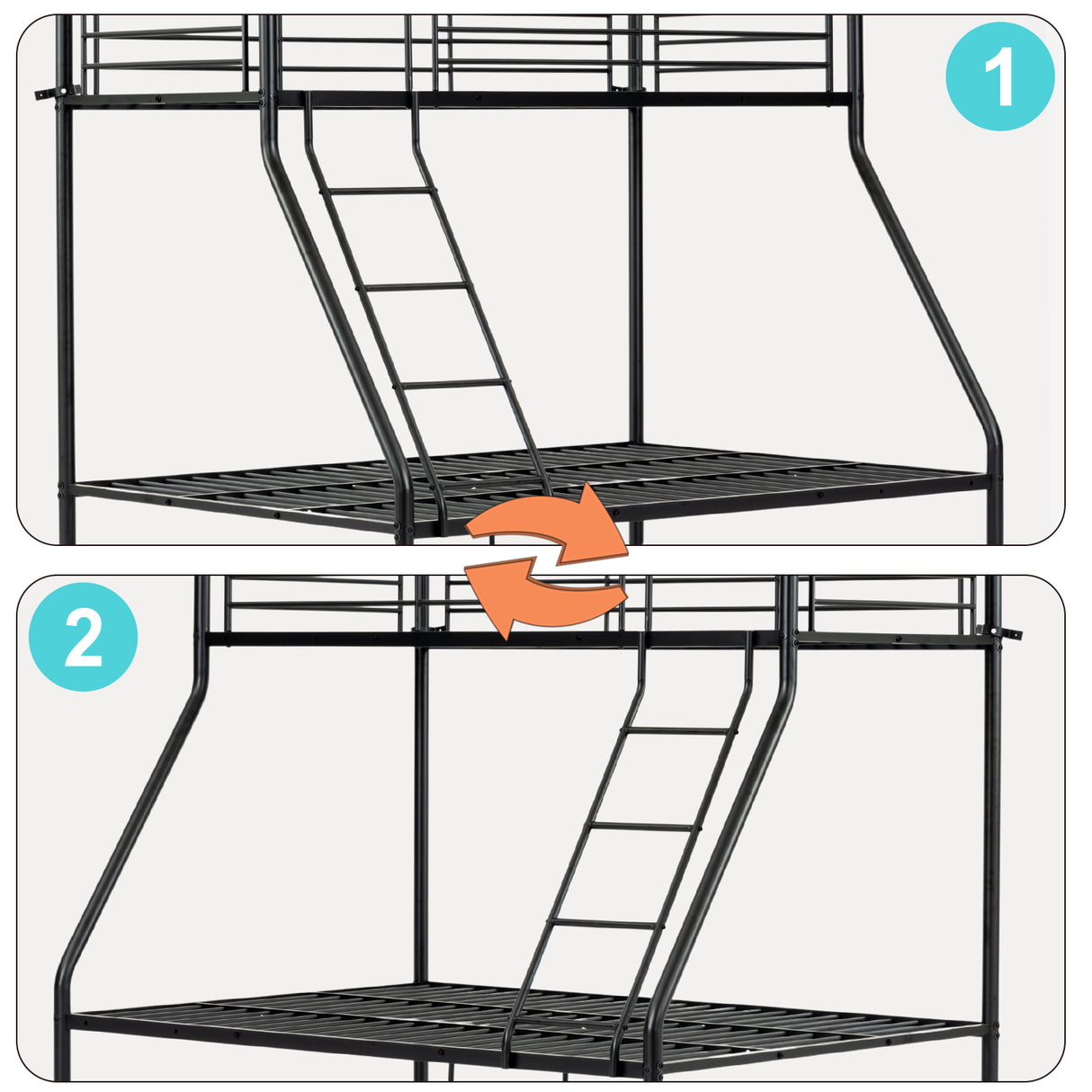 Lit superposé 3 places et 2 étages en métal noir avec échelle 140x190cm et 90x190cm (matelas non inclus) - JAZZ