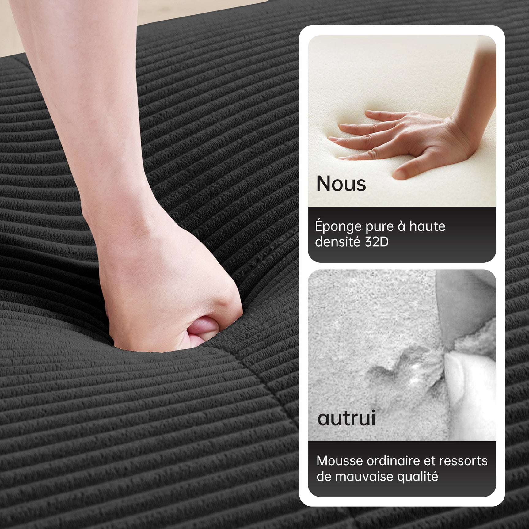 Ensemble de canapés avec accoudoirs incurvés et base antidérapante en tissu velours côtelé doux pour le salon, noir, siège 3