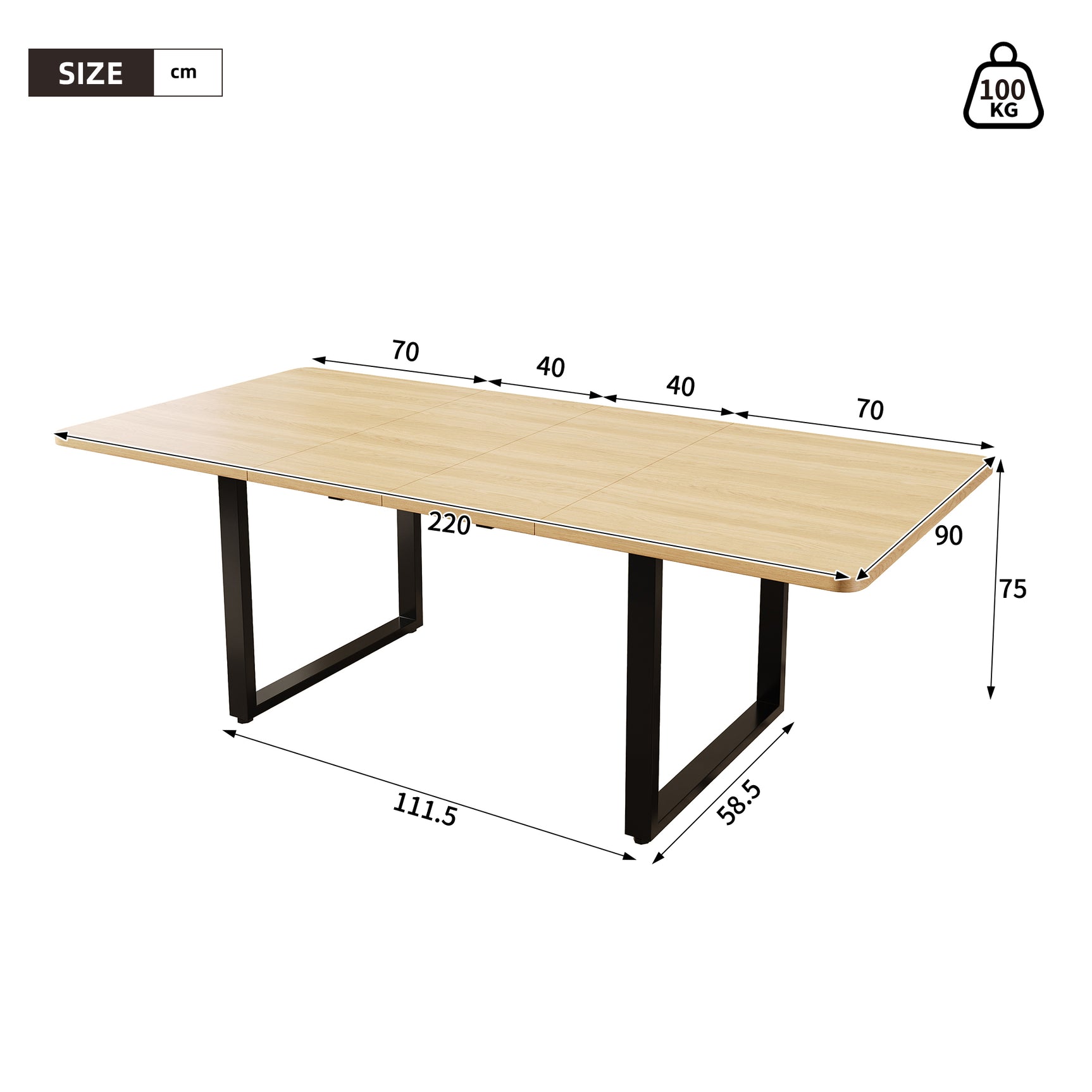 Table à manger extensible aspect chêne à trois rallonges avec pieds métalliques