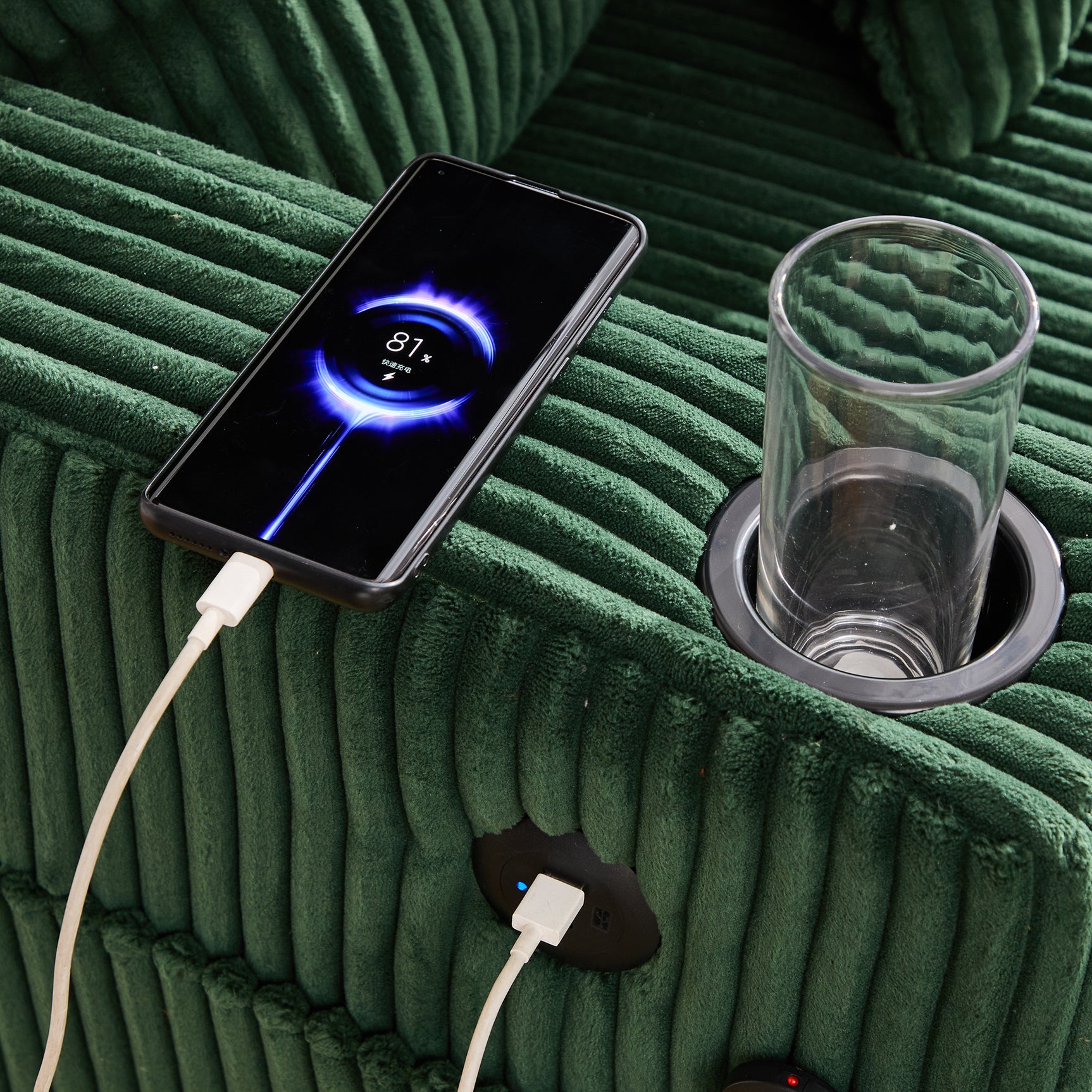 Canapé lounge en velours côtelé souple avec ports USB et éclairage d'ambiance LED, vert
