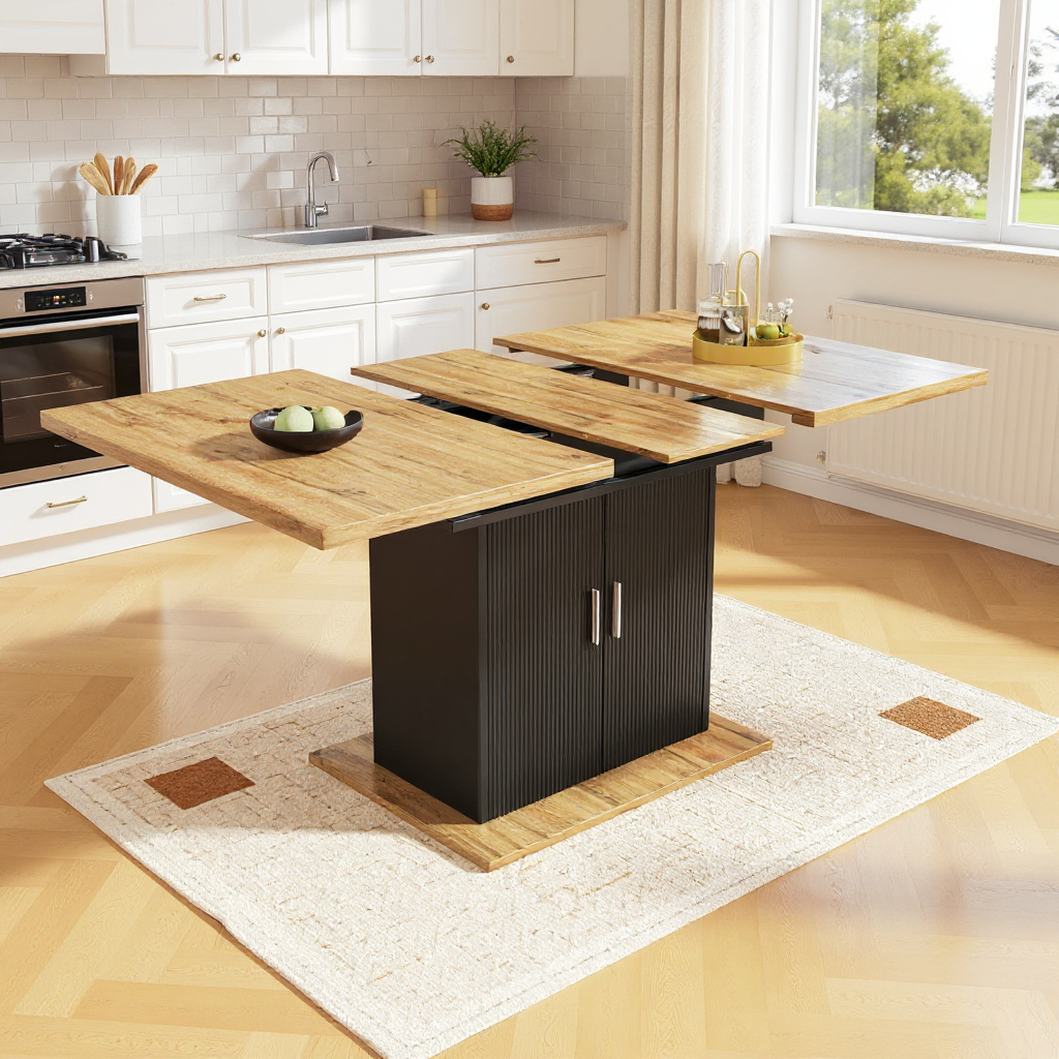 Table à manger télescopique extensible naturel-noir avec 3 niveaux de rangement