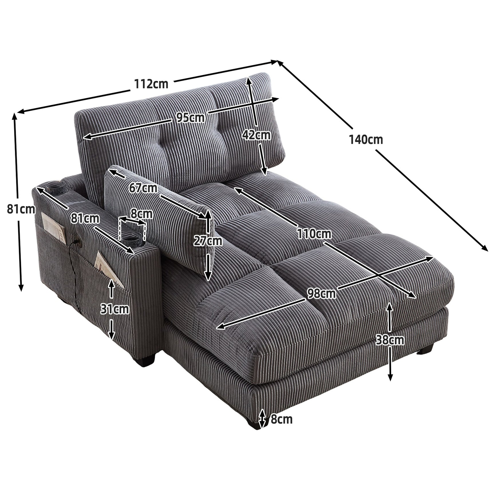 Canapé lounge moderne en velours côtelé avec porte-gobelets et poche latérale, gris