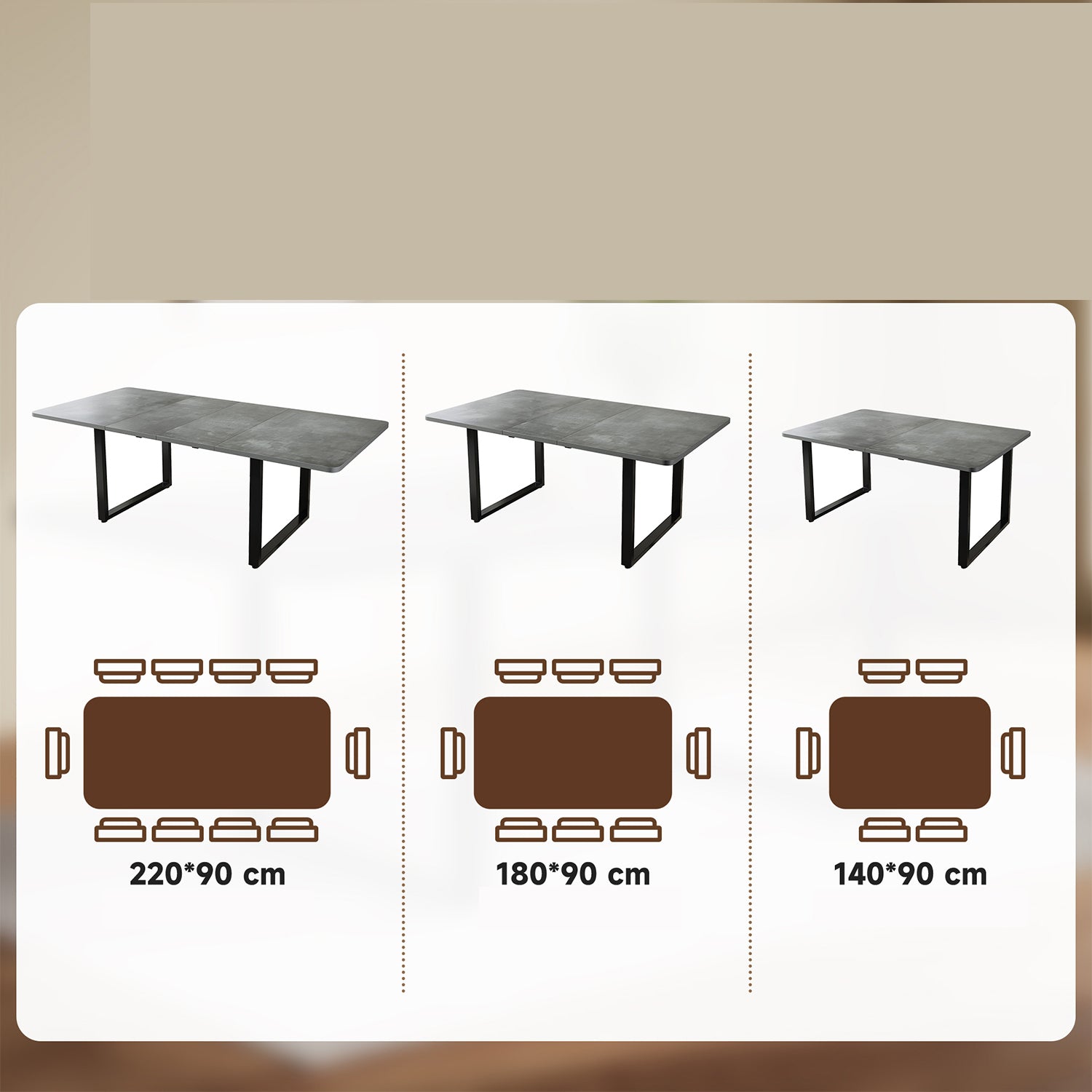Table à manger gris extensible à trois rallonges avec pieds métalliques