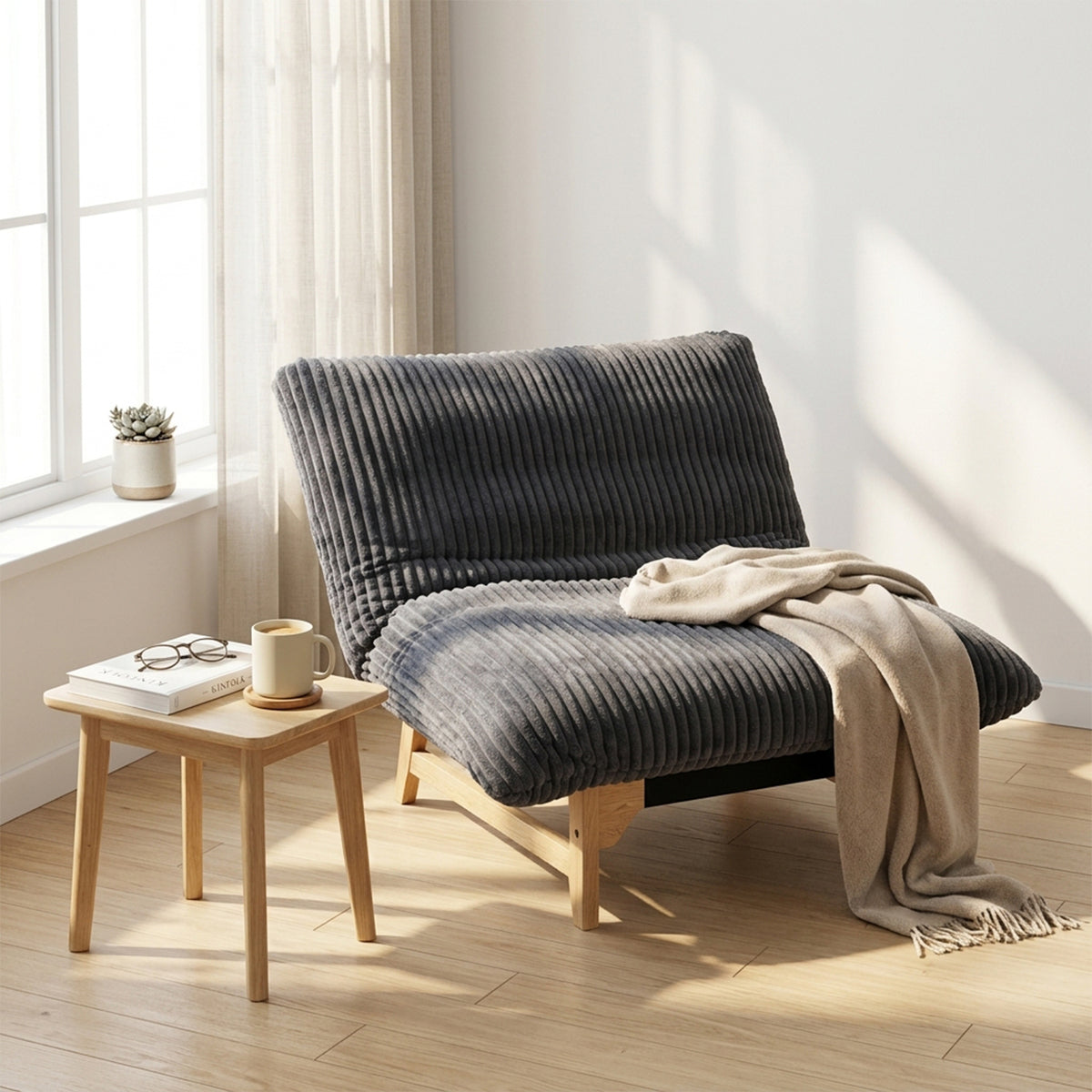 Lounge armchair with armrests in beige corduroy - DOMCO