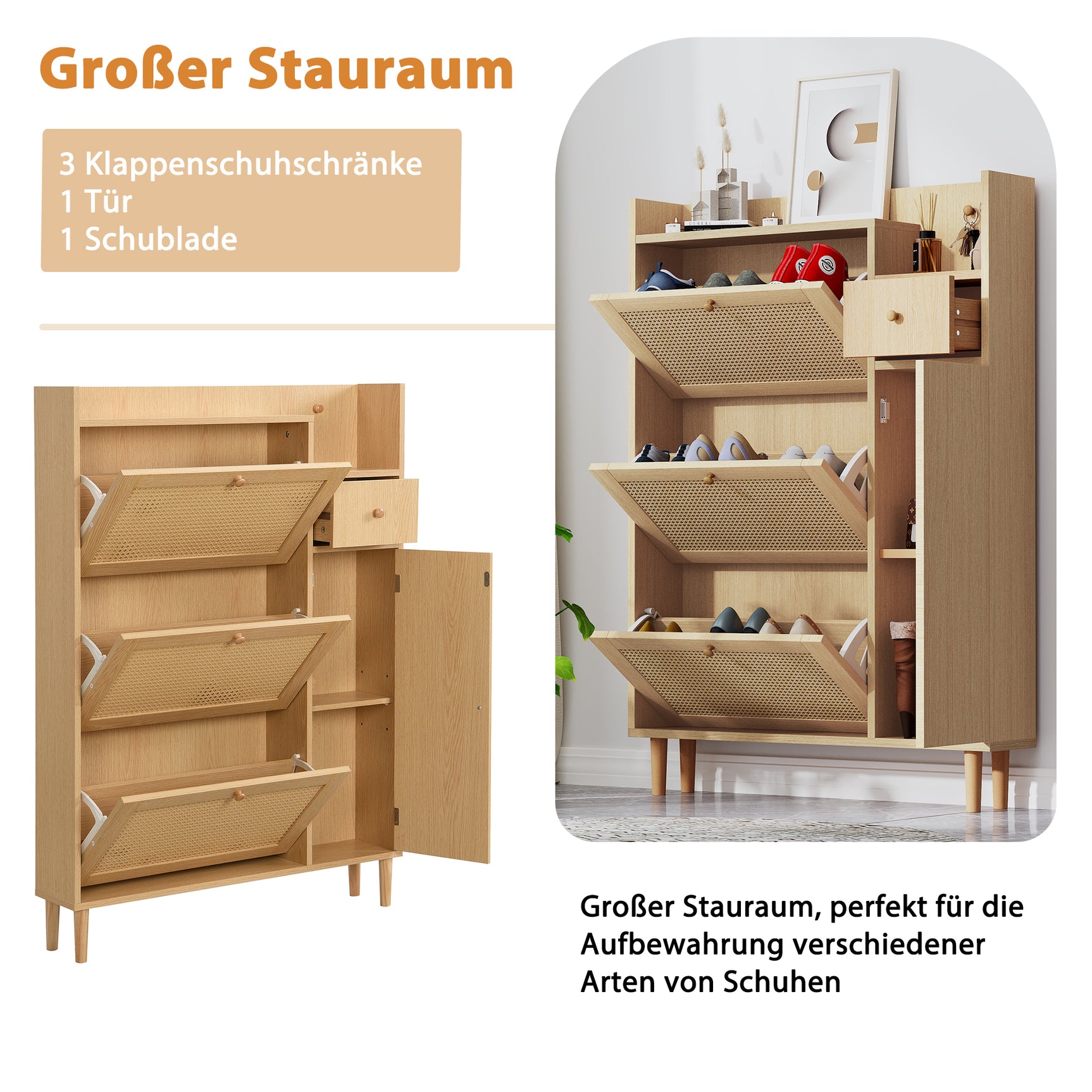 Meuble à chaussures en bois et rotin naturel 90x17x125 cm avec 3 portes basculantes, 1 tiroir et pieds en bois massif, idéal pour entrée étroite et petits espaces