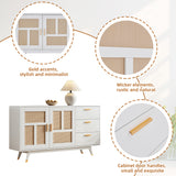 Decorative white rattan buffet with 2 rattan doors and 3 drawers, elegant multifunction storage unit with golden details, 160x40x87 cm