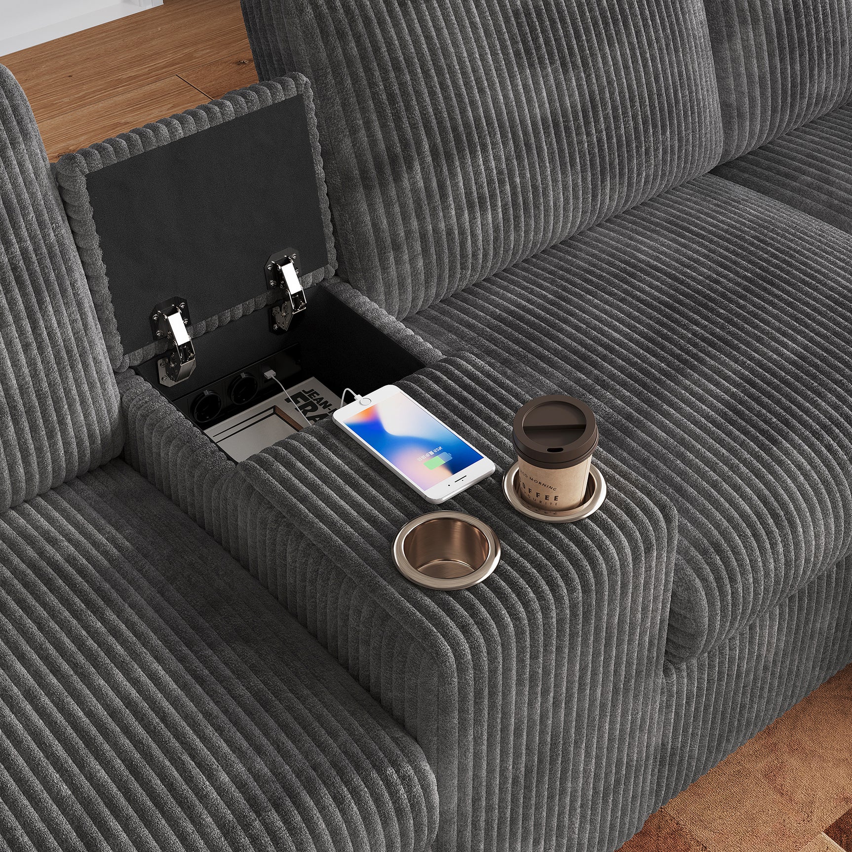 Canapé en U comprenant deux repose-pieds avec rangement en velours côtelé gris