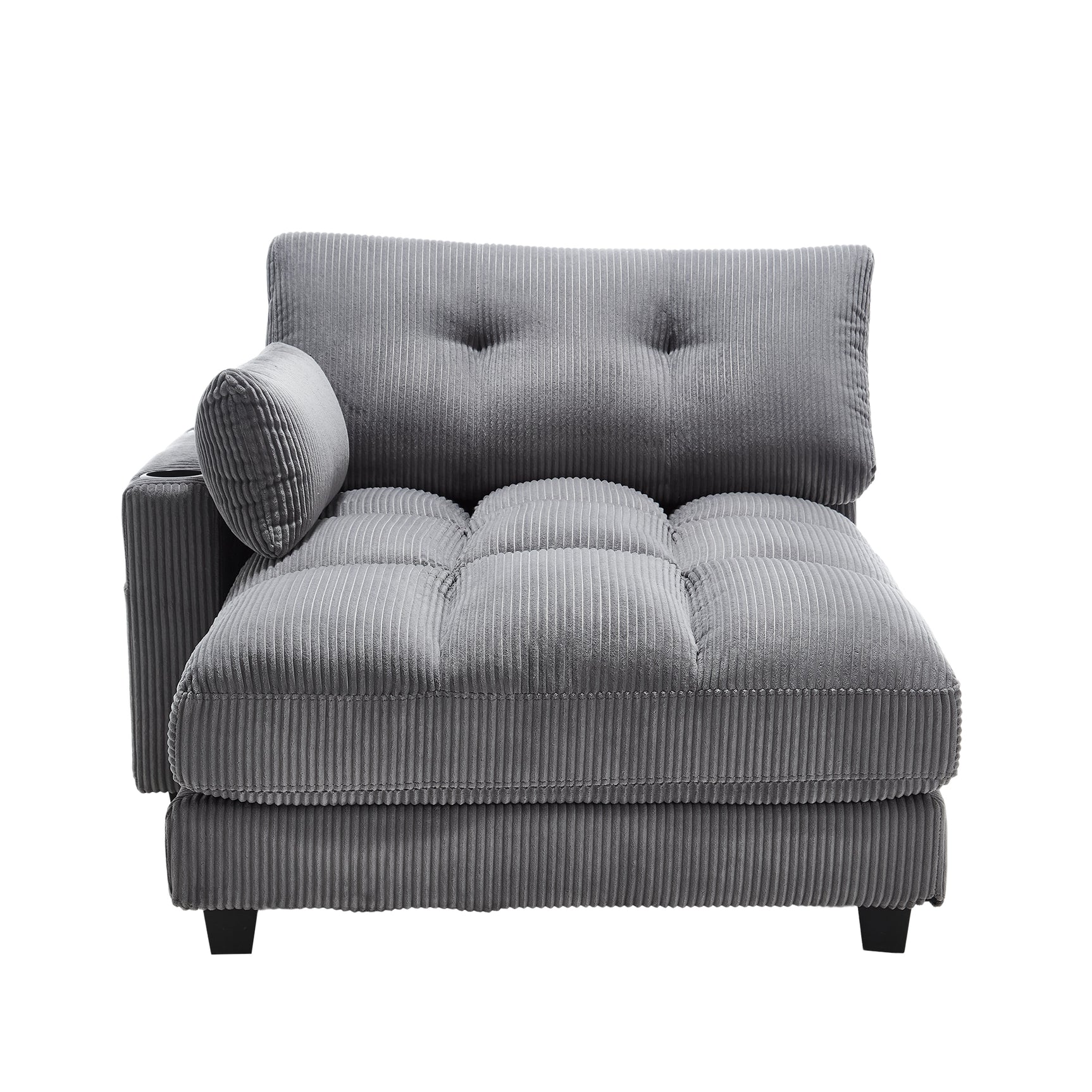 Canapé lounge moderne en velours côtelé avec porte-gobelets et poche latérale, gris