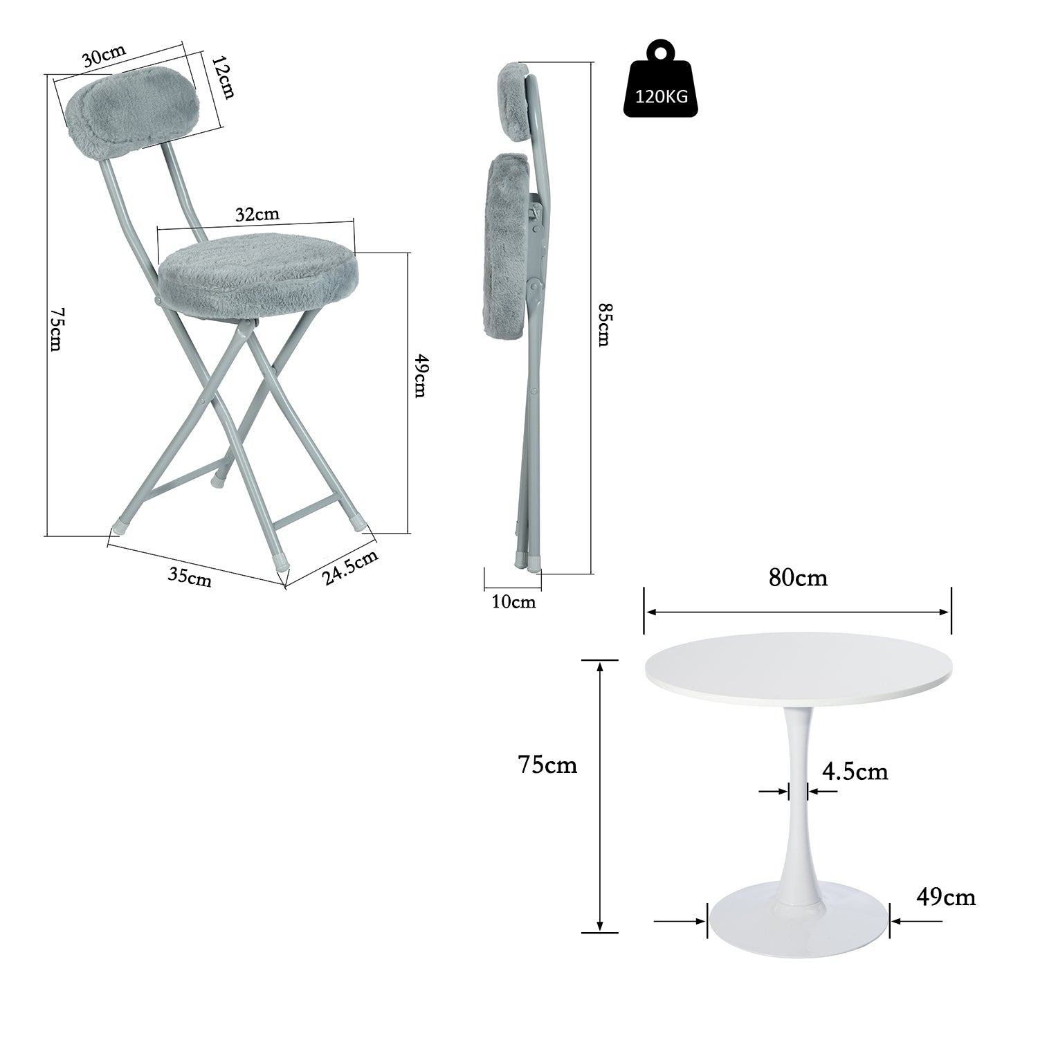 Ensemble de salle à manger de style scandinave comprenant une table ronde blanche et quatre chaises pliantes grises
